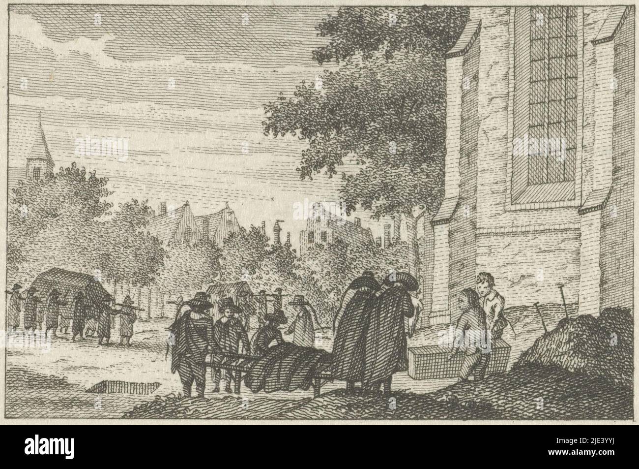 Begräbnisse zur Zeit der Pestepidemie in Holland, Simon Fokke, 1722 - 1784, werden zur Zeit der Pestepidemie in Holland drei Tote auf einem Friedhof begraben. Drucken markiert oben rechts: Pl. 11., Druckerei: Simon Fokke, (auf Objekt erwähnt), 1722 - 1784, Papier, Radierung, H 54 mm × B 70 mm Stockfoto