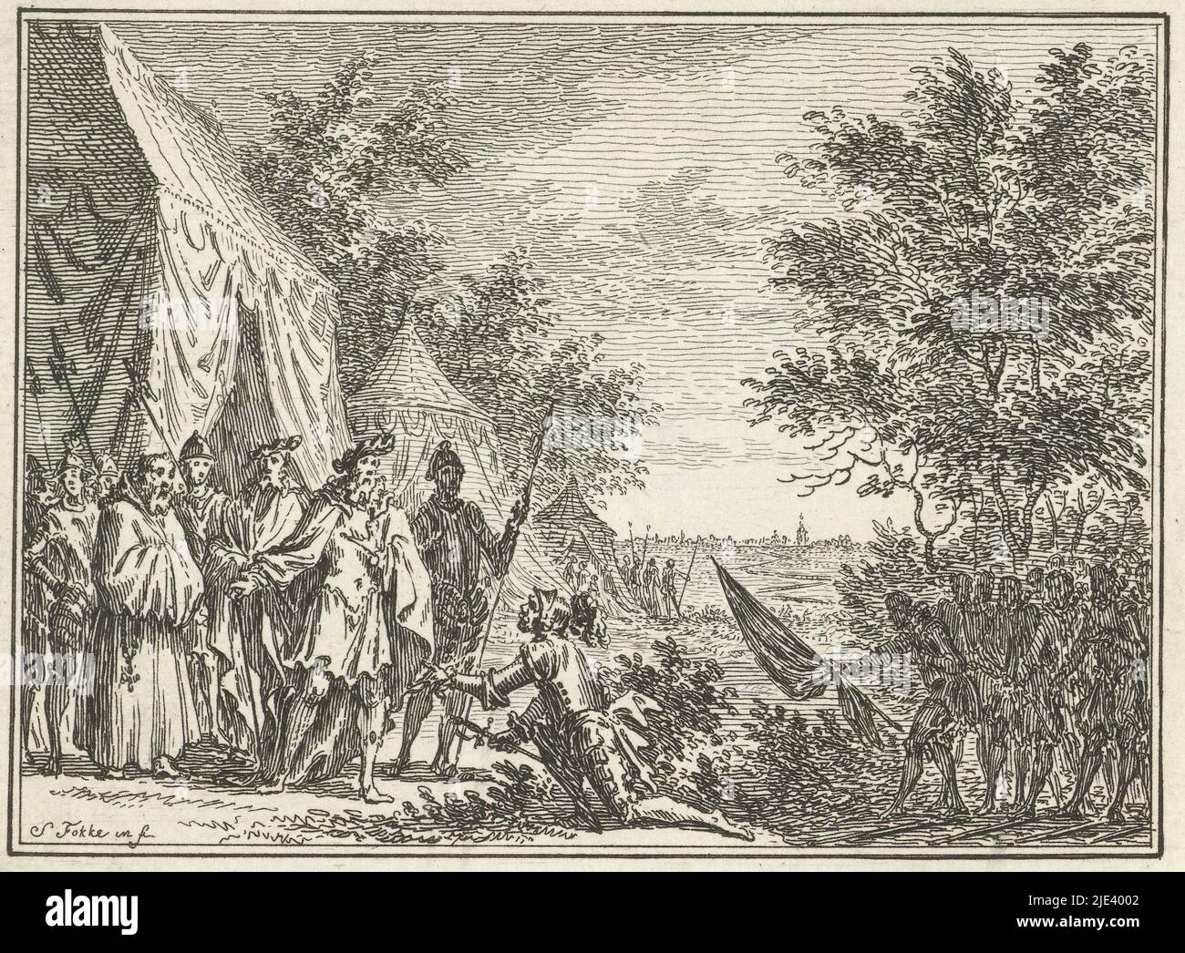 Kapitulation in einem Zeltlager, Simon Fokke, 1722 - 1784, Darstellungen patriotischer Geschichte. Ein Soldat kniet in Rüstung vor einer Gruppe von Männern in einem Zeltlager nieder und reicht ihnen das Schwert. Hinter dem knienden Soldaten hält eine Figur eine Fahne vor sich., Druckerei: Simon Fokke, (auf Objekt erwähnt), Simon Fokke, (auf Objekt erwähnt), Amsterdam, 1722 - 1784, Papier, Radierung, H 87 mm × B 110 mm Stockfoto