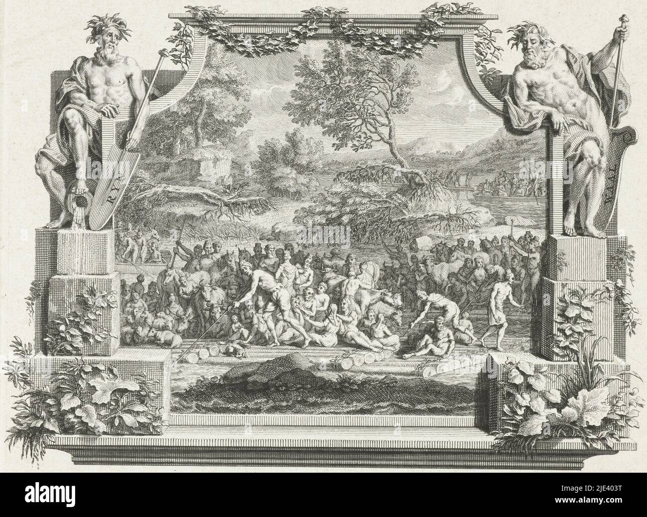 Ankunft der Batavier hier auf dem Land, ca. 55-10 v. Chr., Adolf van der Laan, nach Louis Fabritius Dubourg, 1700 - 1755, die Ankunft der Batavier hier im Land. In ornamentalem Rahmen, flankiert von Flussgöttern des Rheins und Waals., Druckerei: Adolf van der Laan, (auf Objekt erwähnt), Louis Fabritius Dubourg, (auf Objekt erwähnt), Niederlande, 1700 - 1755, Papier, Radierung, H 150 mm × B 190 mm Stockfoto
