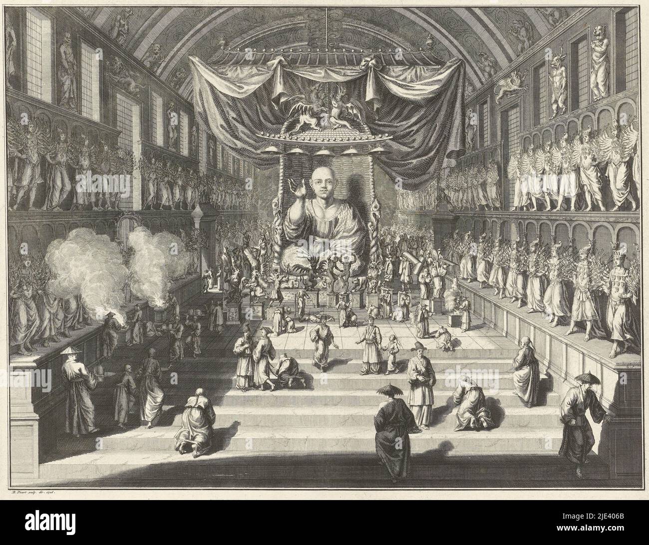 Interieur eines japanischen Tempels, Bernard Picart (Werkstatt von), 1726, Blick auf das Innere eines japanischen Tempels mit einer riesigen Statue eines heiligen unter einem Drapierei in der Mitte. An den Wänden hängen Statuen von Göttern und fabelhaften Kreaturen. Gläubige knien in Anbetung und bringen Opfergaben zu., Druckerei: Bernard Picart, (Werkstatt von), Bernard Picart, (erwähnt auf Objekt), Amsterdam, 1726, Papier, Radierung, Gravur, H 341 mm × B 422 mm Stockfoto