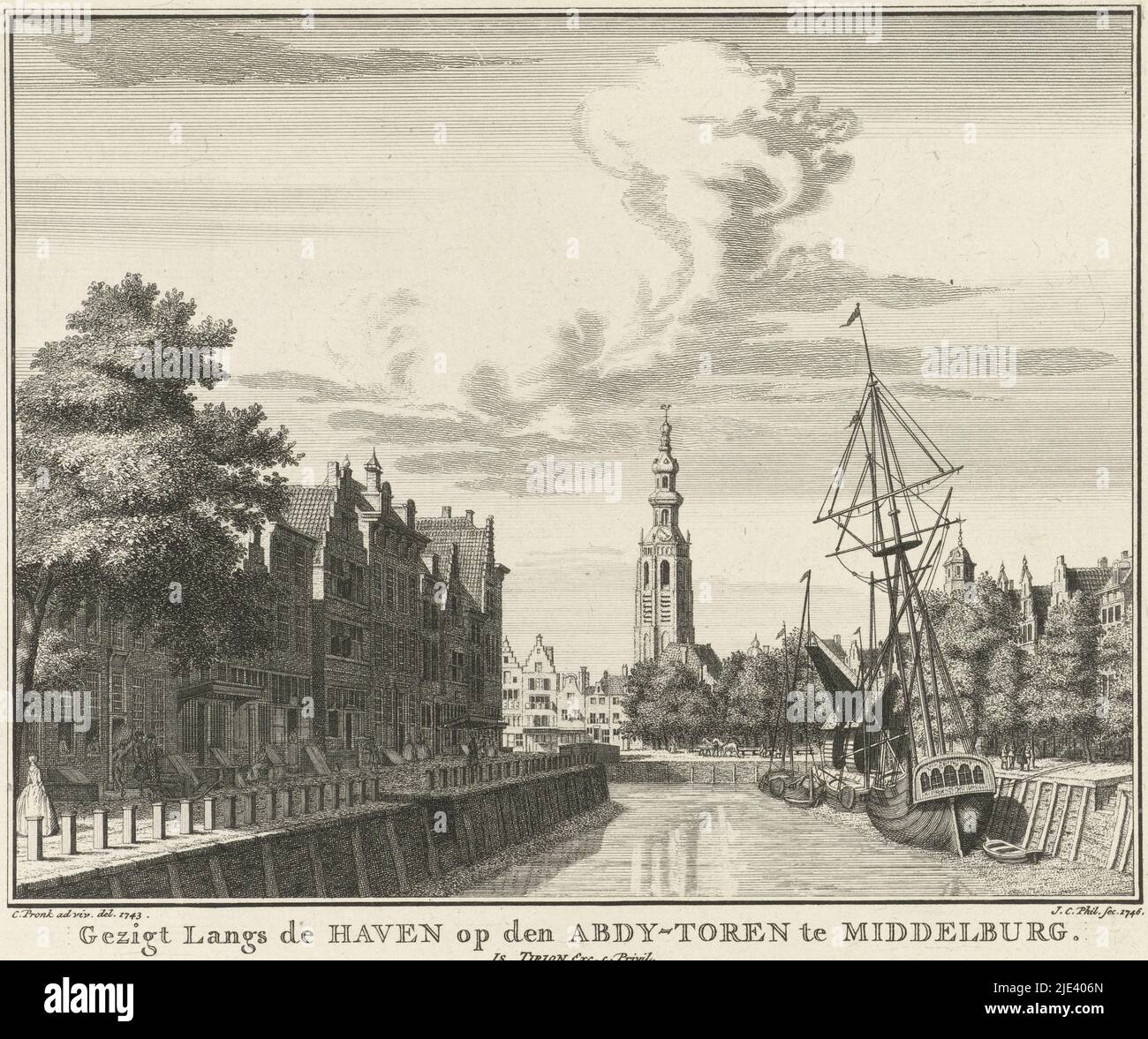 Blick auf den lange Jan (Abteiturm) in Middelburg, 1743, Jan Caspar Philips, nach Cornelis Pronk, 1746 - 1760, Blick auf den lange Jan, auch bekannt als Abteiturm, in Middelburg. Im Vordergrund Teil des Hafens. In der Situation um 1743., Druckerei: Jan Caspar Philips, (auf Objekt erwähnt), Zeichner: Cornelis Pronk, (auf Objekt erwähnt), Verlag: Isaak Tirion, (auf Objekt erwähnt), Amsterdam, 1746 - 1760, Papier, Radierung, H 177 mm × B 210 mm Stockfoto