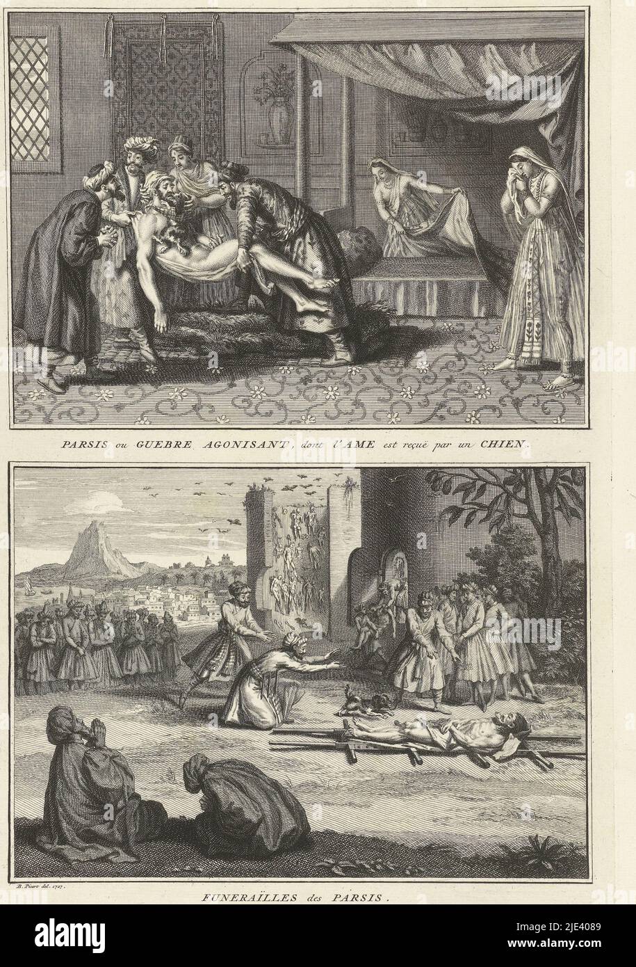 Persische Bestattungsriten, Bernard Picart (Werkstatt von), nach Bernard Picart, 1727, Blatt mit zwei Darstellungen persischer Bestattungsriten. Oben: Ein Hund ist um den Körper eines sterbenden Mannes gebunden, um seine Seele zu empfangen. Unten: Die Leiche liegt auf einer Bahre, Beute von Vögeln. Ein Hund wird zu dem Toten gelockt. Es ist ein verheißungsvolles Omen, wenn der Hund das Stück Brot isst, das dem Verstorbenen in den Mund gelegt wurde. Unter den Darstellungen eine französische Beschriftung., Druckerei: Bernard Picart, (Werkstatt von), Zeichner: Bernard Picart, (auf Objekt erwähnt), Amsterdam, 1727, Papier, Ätzen Stockfoto