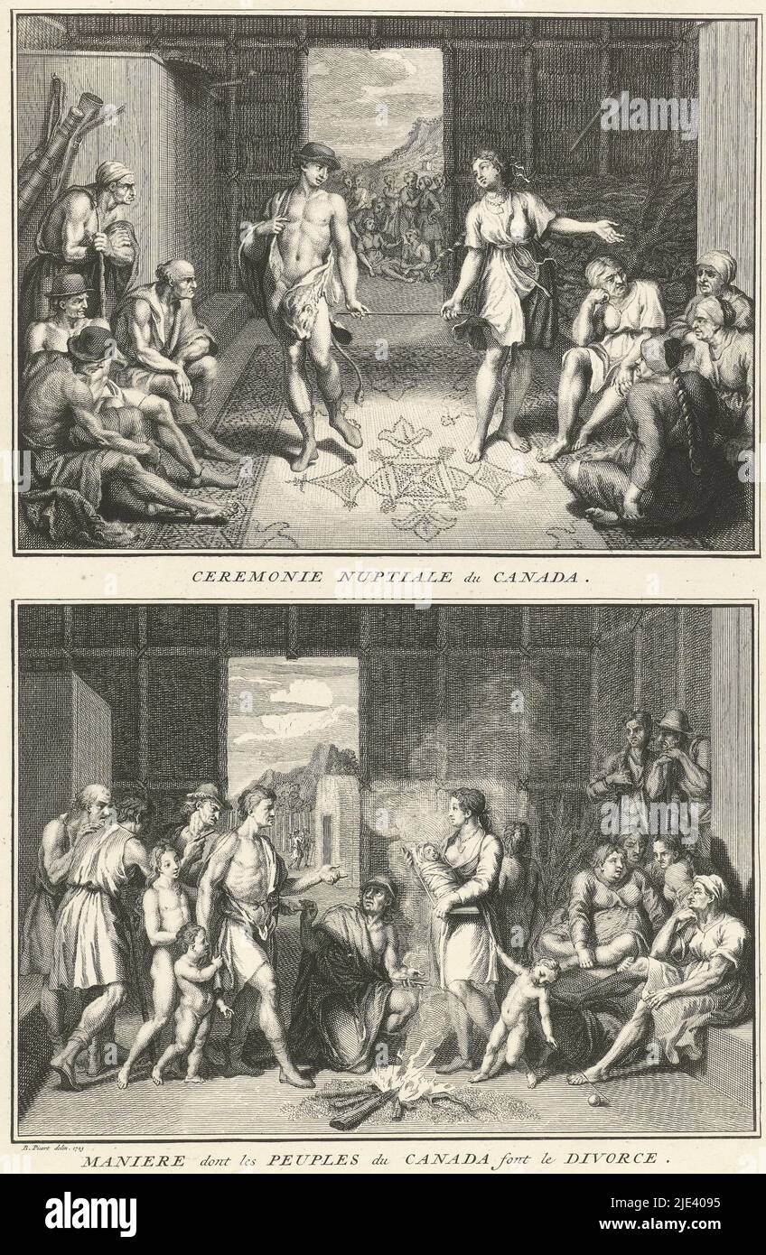 Heiratszeremonie und Scheidung unter Kanadiern, Bernard Picart (Workshop of), nach Bernard Picart, 1723, Blatt mit zwei Darstellungen von Ritualen der Kanadier, einer Heiratszeremonie bzw. einer Scheidung. Oben: Braut und Bräutigam stehen auf einem Teppich und halten einen Stock an den Enden. Unten: Die Braut und der Bräutigam, der die Scheidung sucht, stehen in der Nähe eines Feuers und werden mit Stöcken überreicht. Unter den Darstellungen eine französische Beschriftung., Druckerei: Bernard Picart, (Werkstatt von), Zeichner: Bernard Picart, (auf Objekt erwähnt), Amsterdam, 1723, Papier, Radierung, Gravur, H 335 mm × B 221 mm Stockfoto