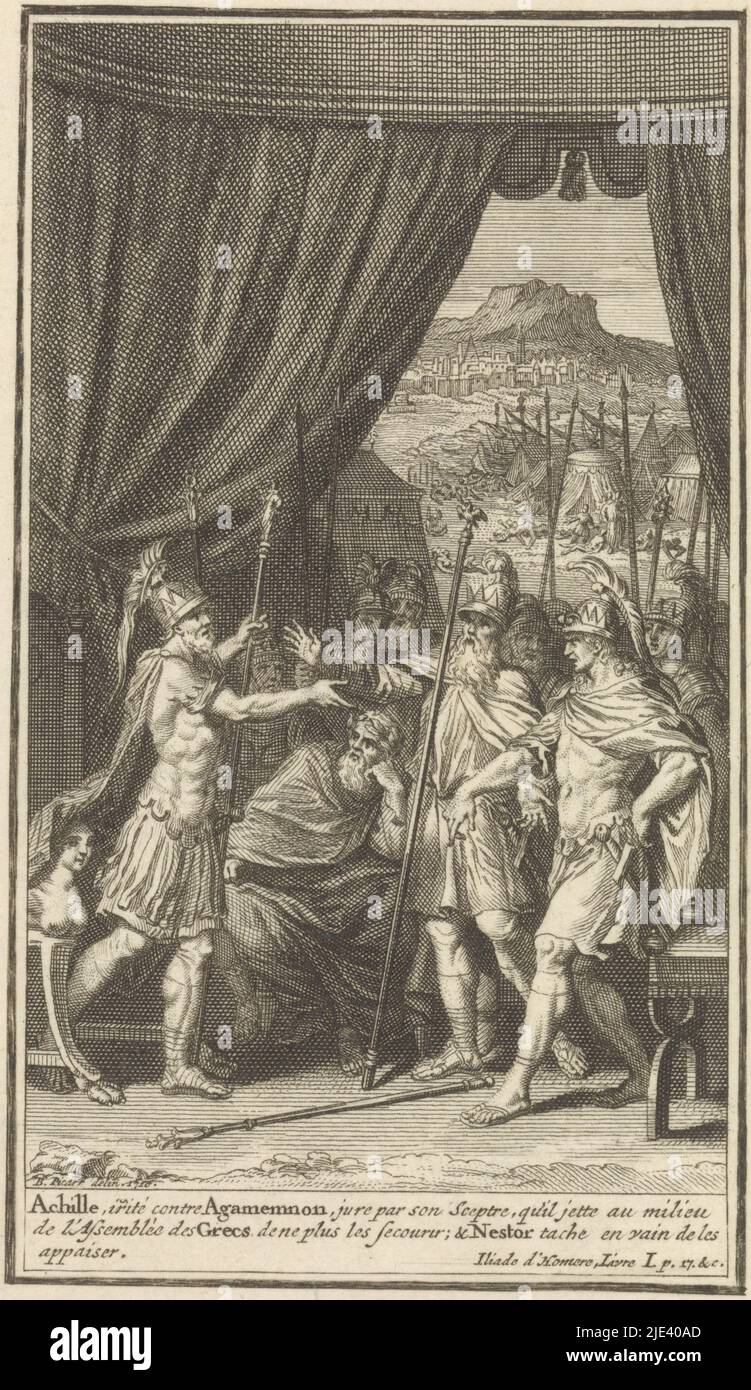 Streit zwischen Achilles und Agamemnon, Bernard Picart (Werkstatt von), nach Bernard Picart, 1710, Achilles beschuldigt König Agamemnon der Gier. Der König fordert dann seinen Sklaven Briseis. Der Weise Nestor vermittelt den Konflikt. Im Hintergrund bringt Apollo die Pest auf dem griechischen Lager nieder. Am Rand eine französische Bildunterschrift., Druckerei: Bernard Picart, (Werkstatt von), Zeichner: Bernard Picart, (auf Objekt erwähnt), Amsterdam, 1710, Papier, Radierung, Gravur, H 191 mm × B 131 mm Stockfoto