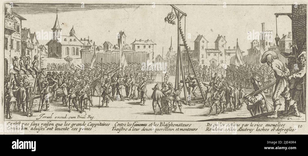 Bestrafungen: Der Wippe Galgen, anonym, nach Jacques Callot, 1677 - 1690, auf einem Stadtplatz sind viele Soldaten um einen Wippe Galgen versammelt. Ein Mann hängt an einem Seil an der Spitze des Galgen. Im rechten Vordergrund ein Soldat mit den Händen hinter dem Rücken gebunden. Im Hintergrund links, vier Gefangene auf einem Holzpferd. Unter der Darstellung ist ein sechzeiliger französischer Vers zu sehen. Dieser Druck ist Teil einer Serie von 17 (18 einschließlich des Titeldrucks) Drucken, die verschiedene Arten von Elend darstellen, das durch die Kriegsführung verursacht wurde., Jacques Callot, Druckerei: Anonymous, Michel de Marolles, Druckerei: Niederlande, ( Stockfoto