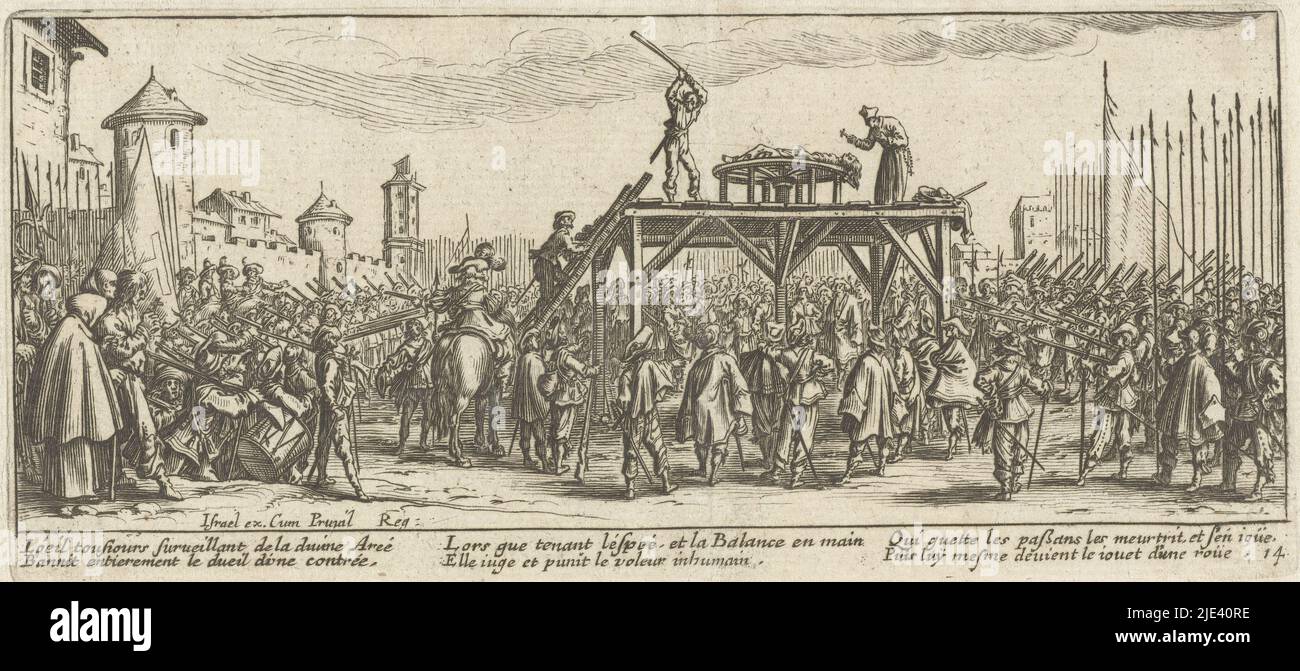 Strafen: Radbraken, anonym, nach Jacques Callot, 1677 - 1690, auf einer Lichtung in der Nähe einer Stadtmauer versammeln sich viele Soldaten um eine Plattform, auf der ein Mann radbaken wird. Unter der Szene befindet sich ein sechzeiliger französischer Vers. Dieser Druck ist Teil einer Serie von 17 (18 inkl. Titeldruck) Drucken, die verschiedene Arten von Elend darstellen, das durch die Kriegsführung verursacht wurde., Jacques Callot, Druckerei: Anonymous, Michel de Marolles, Druckerei: Niederlande, (Möglicherweise), Verlag: Amsterdam, Verlag: Paris, 1677 - 1690, Papier, Ätzung, H 83 mm × B 185 mm Stockfoto