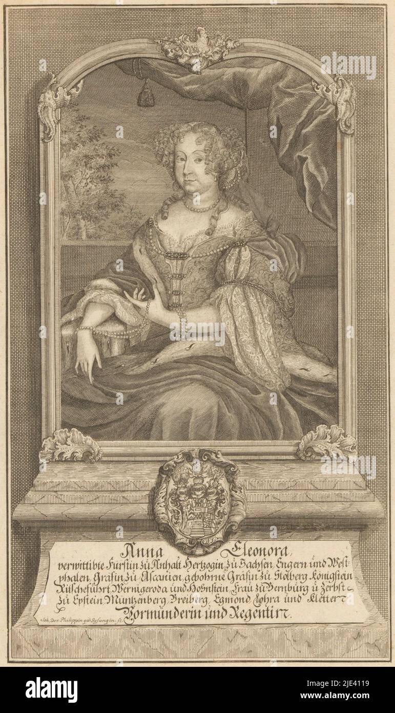 Porträt von Anna Eleonore von Stolberg-Wernigerode, Prinzessin von Anhalt-Köthen, Johanna Dorothea Sysang, 1739 - 1791, Druckerei: Johanna Dorothea Sysang, (auf Objekt erwähnt), 1739 - 1791, Papier, Stich, H 298 mm × B 177 mm Stockfoto