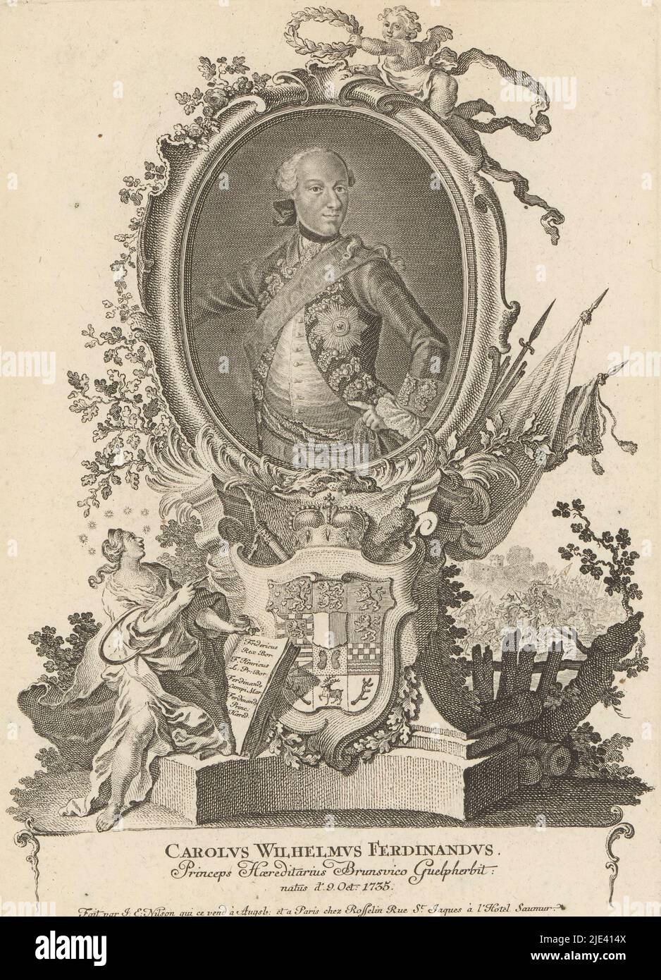 Porträt von Karl Wilhelm Ferdinand Herzog von Braunschweig-Wolfenbüttel, Johann Esaias Nilson, 1731 - 1788, Druckerei: Johann Esaias Nilson, (auf Objekt erwähnt), Verlag: Rosselin, (auf Objekt erwähnt), Druckerei: Augsburg, Verlag: Paris, 1731 - 1788, Papier, Gravur, Radierung, H 219 mm - B 157 mm Stockfoto