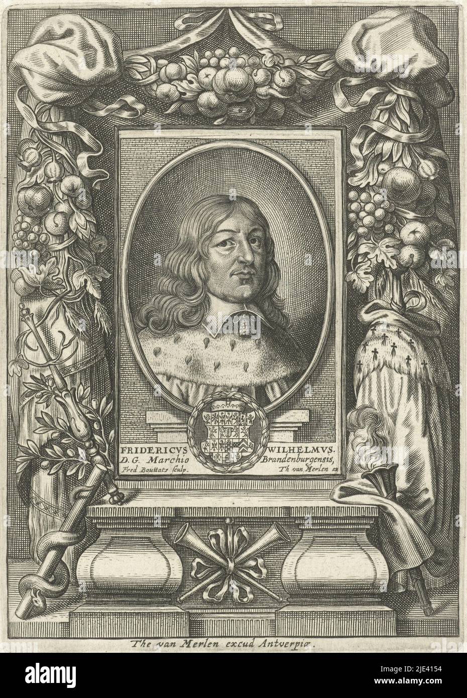 Porträt Friedrich Wilhelms von Brandenburg, Friedrich Bouttats (I), 1640 - 1676, Porträt im ovalen Rahmen des Kurfürsten Friedrich Wilhelm von Brandenburg, auch als 'großer Kurfürst' bezeichnet. Büste nach rechts. Frederick William trägt einen Ermine-Mantel. Das Porträt wird von einer Girlande aus Früchten umrahmt. Der Druck hat eine lateinische Beschriftung mit dem Namen der dargestellten Person., Druckerei: Frederik Bouttats (I), (auf Objekt erwähnt), Verlag: Theodor van Merlen (II), (auf Objekt erwähnt), Antwerpen, 1640 - 1676, Papier, Gravur, H 164 mm × B 116 mm × H 88 mm × B 57 mm Stockfoto