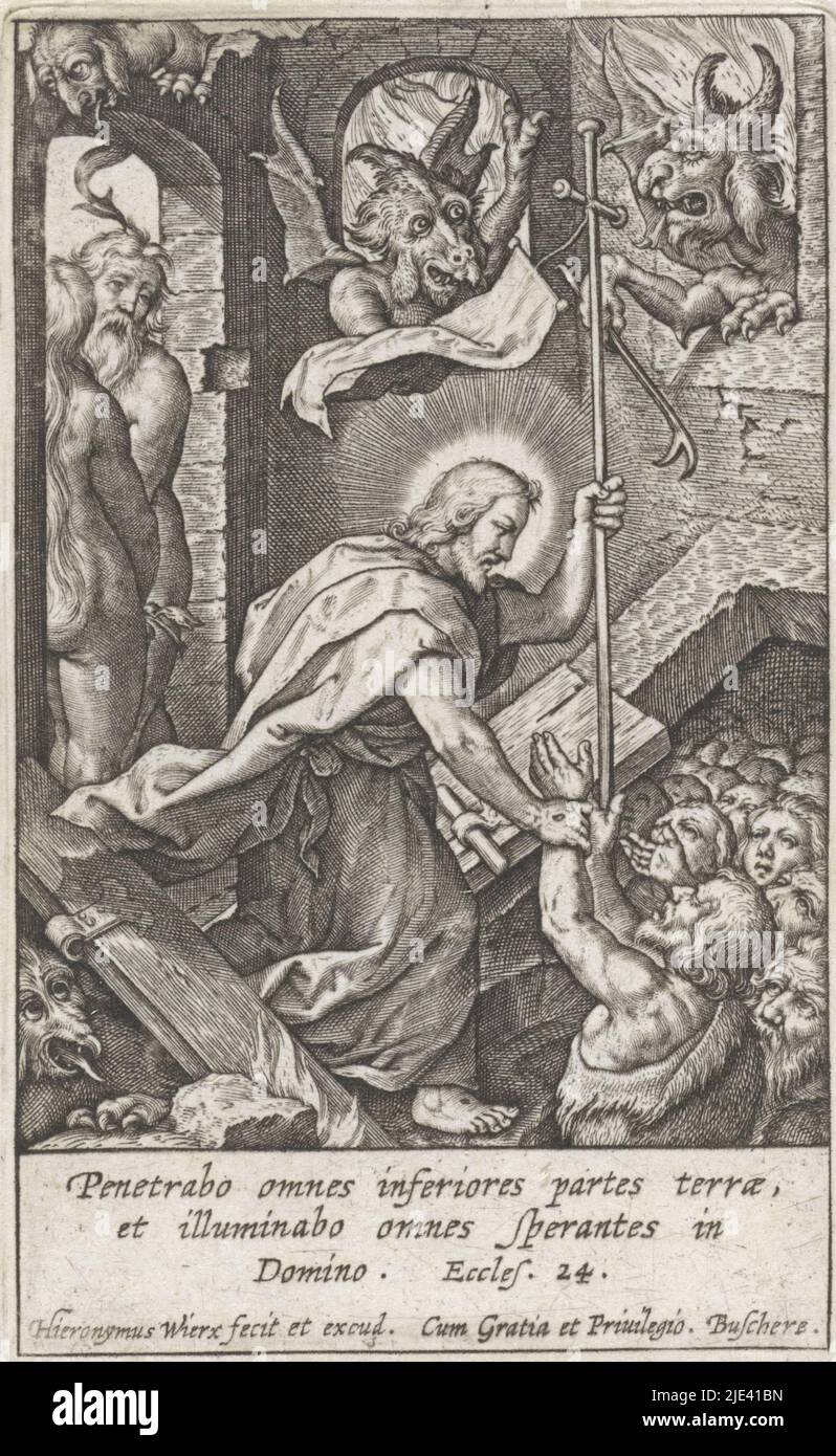 Christ in Limbo, Hieronymus Wierix, 1563 - vor 1619, nach seinem Tod steigt Christus in die Limbo herab. An den Toren der Hölle greift er zu anonymen Figuren. Auf der linken Seite gehen ein Mann und eine Frau davon. Teufel schauen an. Am Rande ein dreizeiliger Bibelzitat von Sir. 24 in Latein., Druckerei: Hieronymus Wierix, (auf Objekt erwähnt), Hieronymus Wierix, Verlag: Hieronymus Wierix, (auf Objekt erwähnt), Antwerpen, 1563 - vor 1619, Papier, Gravur, H 88 mm × B 54 mm Stockfoto