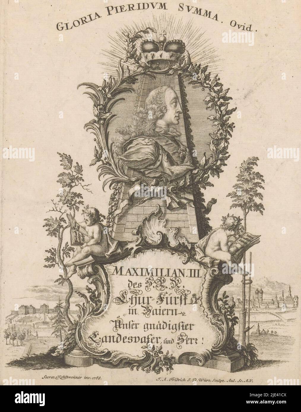 Porträt Maximilians III. Joseph, Jacob Andreas Fridrich (II), nach Johann Franz Seraph Edler Kohlbrenner, 1766, Druckerei: Jacob Andreas Fridrich (II), (auf Objekt erwähnt), Johann Franz Seraph Edler Kohlbrenner, (auf Objekt erwähnt), Augsburg, 1766, Papier, Gravur, Radierung, H 198 mm - B 151 mm Stockfoto