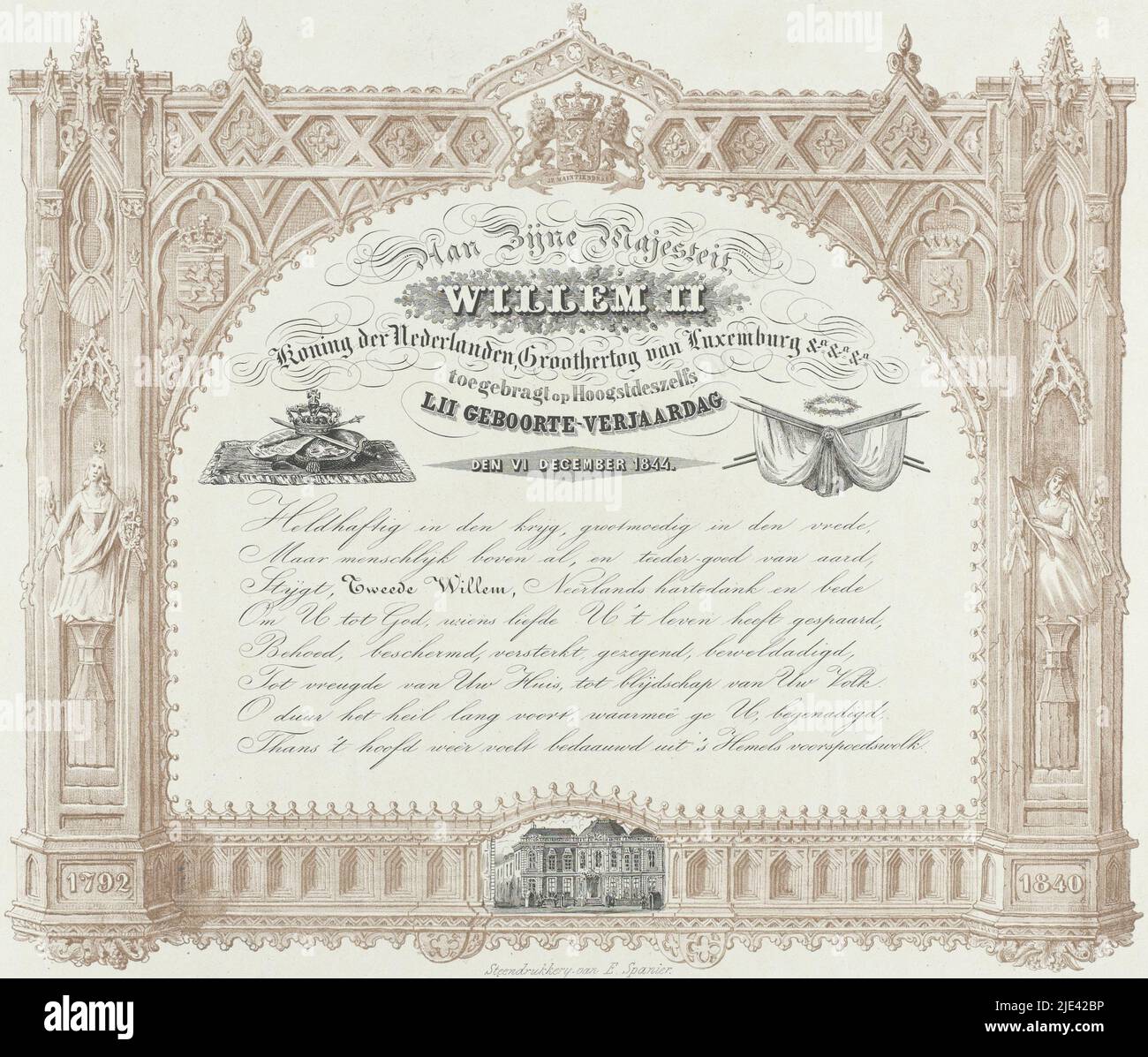 An seine Majestät, Wilhelm II. König der Niederlande, Großherzog von Luxumburg &amp;&amp;&amp;, zugefügt zu seiner Majestät LII Geburt-Geburtstag den VI Dezember 1844, anonym, 1844, Glückwünsche an König Wilhelm II. Anlässlich seines 52.. Geburtstages am 6. Dezember 1844. Text in einem Rahmen mit gotischen Verzierungen, unten eine Vignette mit Kneuterdijk-Palast in Den Haag., Druckerei: Anonym, Drucker: Elias Spanier, (Objektverzierung), Niederlande, 1844, Papier, H 476 mm × B 553 mm Stockfoto