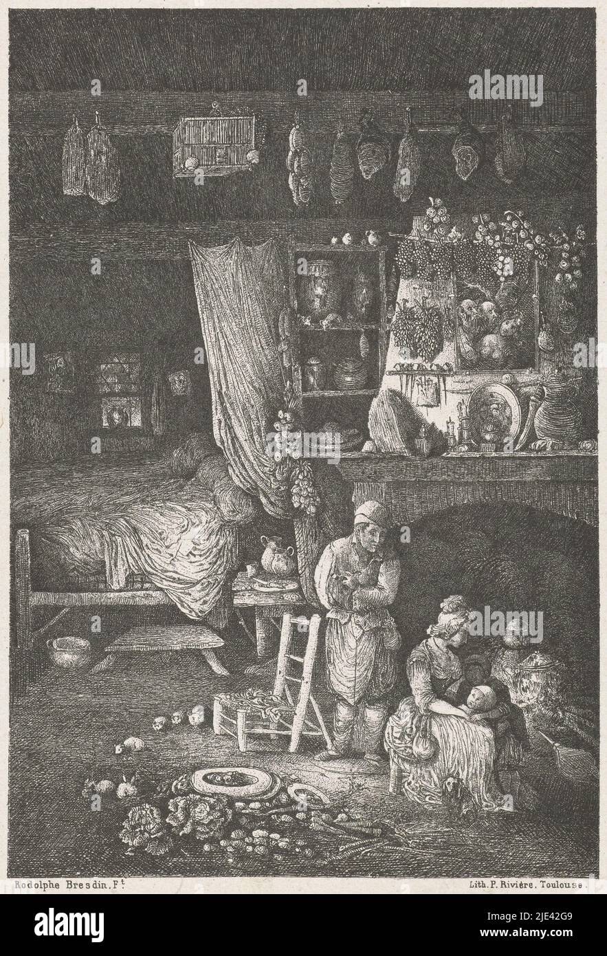 Interior with Peasant Family, Rodolphe Bresdin, 1856, Interior zeigt eine Frau, die vor einem Kamin sitzt und neben ihren beiden Kindern steht ein Mann hinter ihr, der eine Pfeife raucht. Das Innere ist reich an Details, am Kamin hängen eine Vielzahl von Objekten, darunter eine Darstellung von Susanna und den Ältesten. Links hinten ist ein großes Bettgestell abgebildet. Schinken trocknet auf den Dachbalken, Gemüse liegt auf dem Boden, das von Kaninchen und Mäusen gebräuselt wird., Druckerei: Rodolphe Bresdin, (auf Objekt erwähnt), Rodolphe Bresdin, Drucker: P. Rivière, (auf Objekt erwähnt Stockfoto