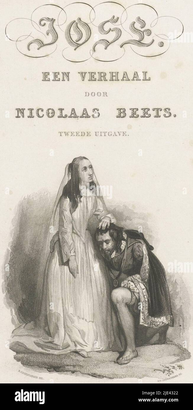 Titelseite für: Nicolaas Beets, Jose. A Story, 1838, Henricus Wilhelmus Couwenberg, nach Reinier Craeyvanger, 1838, Druckerei: Henricus Wilhelmus Couwenberg, (auf Objekt erwähnt), Zeichner: Reinier Craeyvanger, (auf Objekt erwähnt), Verlag: Johannes Immerzeel, (auf Objekt erwähnt), Amsterdam, 1838, Papier, Stahlgravur, H 245 mm × B 153 mm Stockfoto