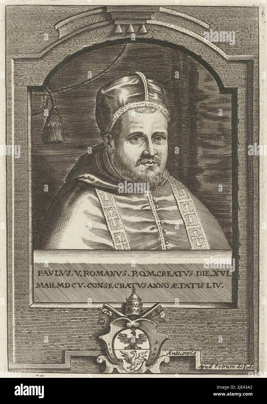 Porträt von Papst Paul V., Pieter de Jode (II), 1628 - 1670, Büstentorträt von Papst Paul V. im Alter von 54 Jahren, mit Camauro. Das Porträt ist in einem gewölbten Rahmen mit dem Wappen des Porträtierten und einem Rahmen mit einer zweizeiligen lateinischen Beschriftung eingerahmt., Herausgeber: Pieter de Jode (II), (auf Objekt erwähnt), Druckerei: Anonymous, Antwerpen, 1628 - 1670, Papier, Radierung, Gravur, H 168 mm × B 117 mm Stockfoto