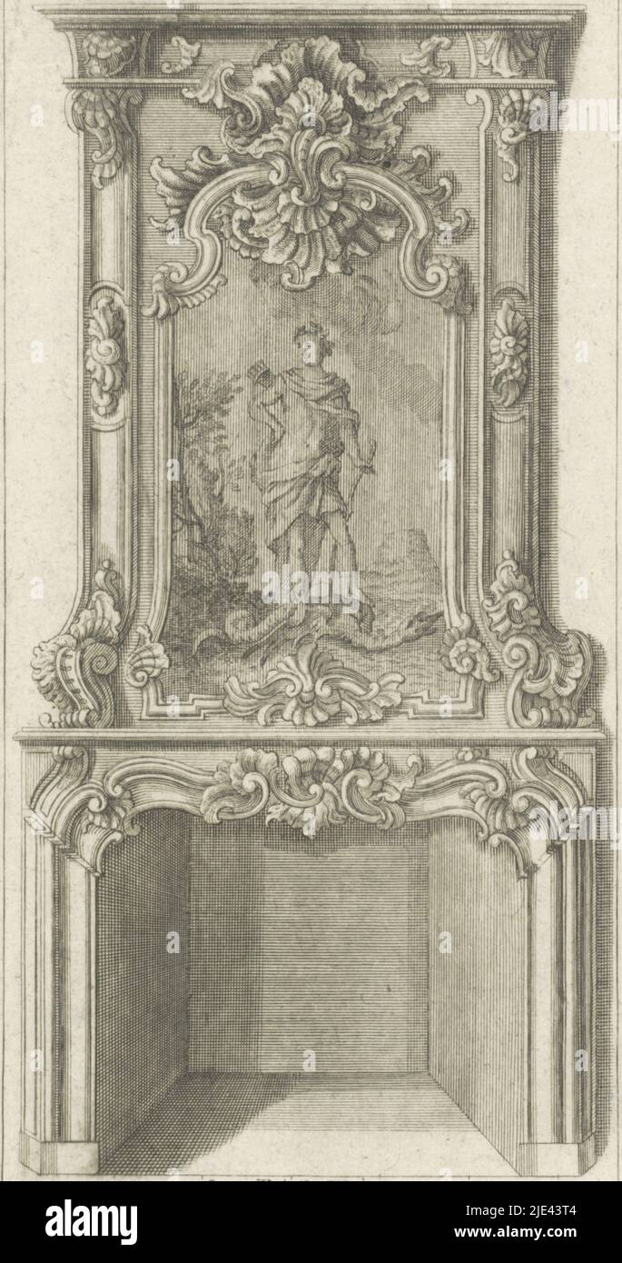 Entwurf für einen Kamin mit Apollo besiegt Python, anonym, nach Gerrit de Grendel, 1709 - 1762, Entwurf für einen Kamin mit einer Darstellung von Apollo mit Pfeilen und Bogen, die auf dem Drachen Python stehen, den er besiegt hat. Das Kaminsims ist mit Rocaille-Ornamenten verziert., Gerrit de Grendel, (auf Objekt erwähnt), Druckerei: Anonym, Verlag: Johann Georg Merz, (auf Objekt erwähnt), Middelburg, Verlag: Augsburg, 1709 - 1762, Papier, Gravur, H 215 mm × B 113 mm Stockfoto