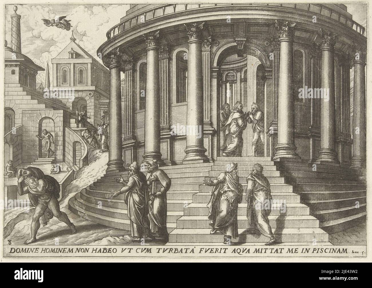 Die Heilung im Bad von Betzata, Lukas von Doetechum, nach Gerard van Groeningen, c. 1572, Christus geht am Sabbat am Bad von Betzata vorbei, wo viele kranke Menschen liegen. Er heilt einen kranken Mann, der dann wieder gehen kann und mit seiner Schlafmatte weggeht. Die Zuschauer schauen ihn erstaunt an., Druckerei: Lucas van Doetechum, Gerard van Groeningen, Verlag: Gerard de Jode, Antwerpen, c. 1572, Papier, Gravur, Radierung, H 203 mm × B 288 mm Stockfoto