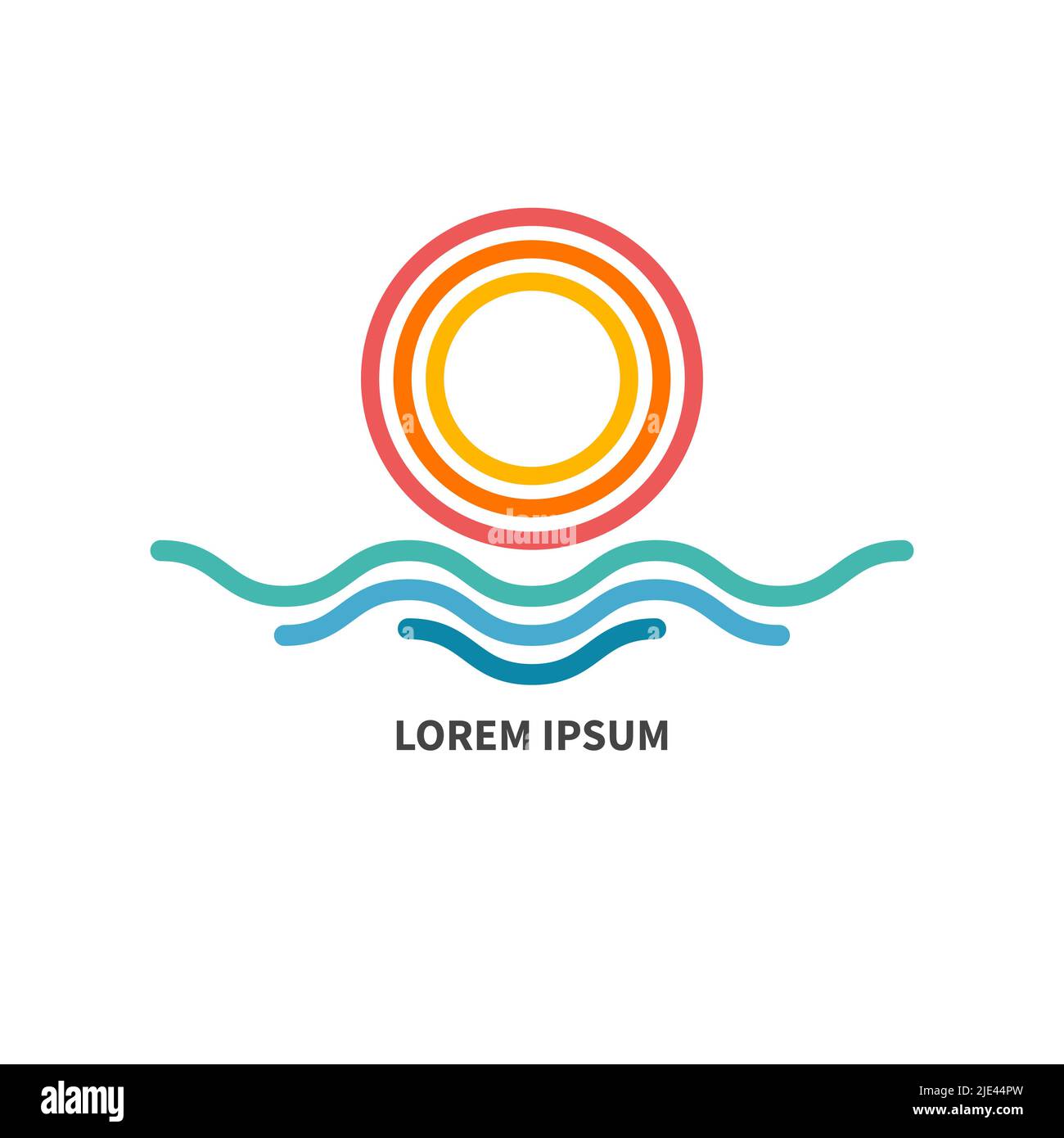 Logo von Sun and Waves, Symbol für sonniges Wetter. Abstraktes Symbol des Sommers, Sonne. Vektorgrafik Stock Vektor