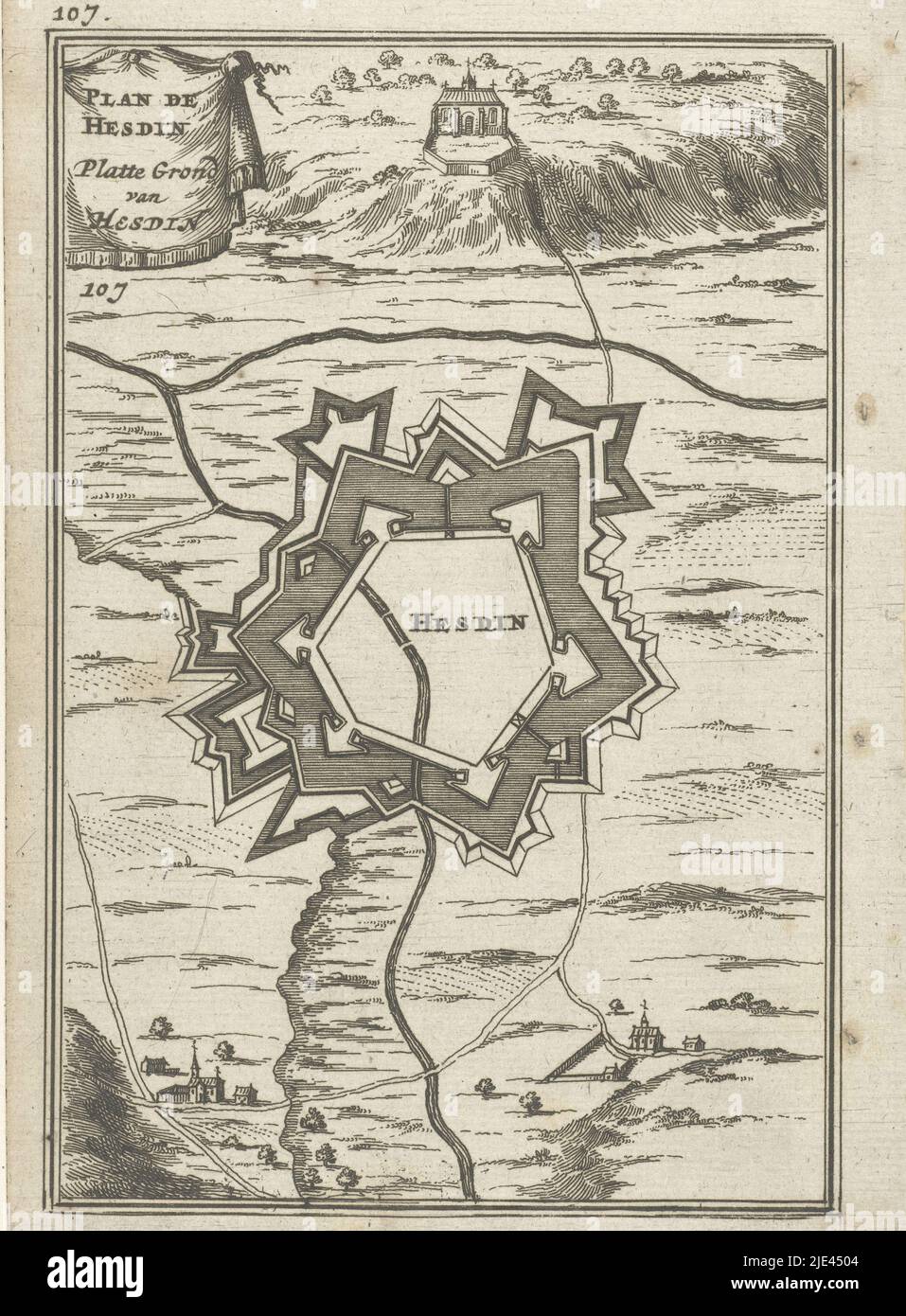 Illustration zu 'Den Arbeid van Mars' von Allain Manesson Mallet, Romeyn de Hooghe, 1672, Grundrissplan einer Festung (Hesdin). In der oberen linken Ecke zweimal die Zahl 107 (= die Nummer der Seite im Buch, gegen die die Abbildung platziert ist)., Druckerei: Romeyn de Hooghe, Romeyn de Hooghe, Amsterdam, 1672, Papier, Ätzung, H 186 mm × B 109 mm Stockfoto