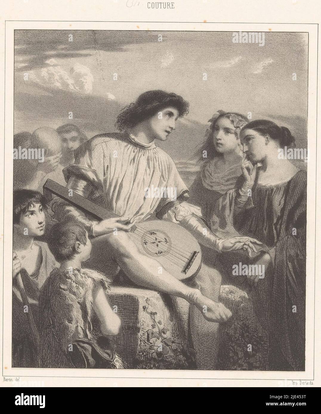 Minstrel, umgeben von Zuhörern, Henri Charles Antoine Baron, nach Thomas Couture, 1843, Druckerei: Henri Charles Antoine Baron, (erwähnt auf Objekt), Thomas Couture, (erwähnt auf Objekt), Drucker: Victor Jacques Bertauts, (erwähnt auf Objekt), Paris, 1843, Papier, H 305 mm - B 231 mm Stockfoto