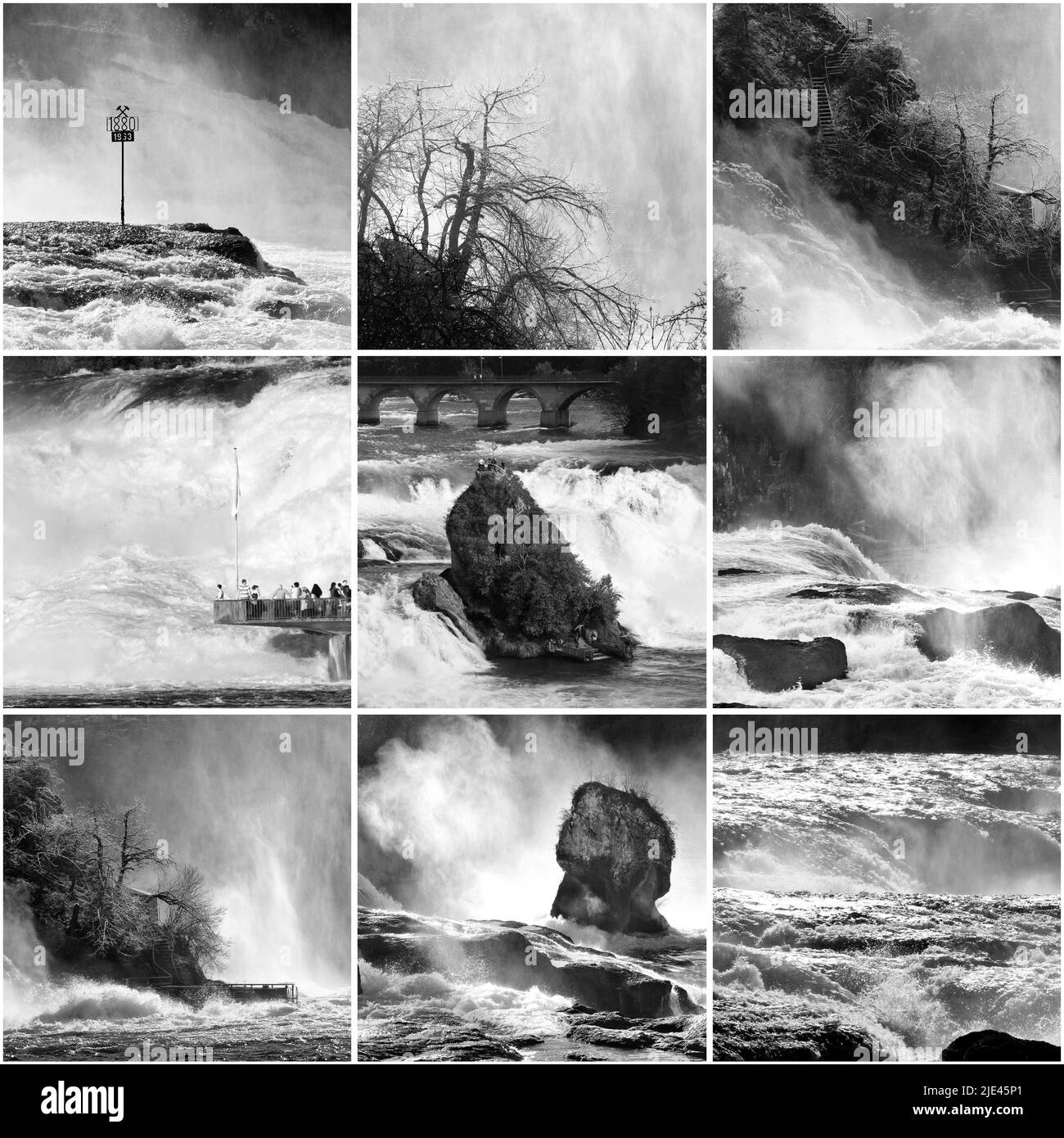 Rheinfall - der größte Wasserfall Europas, eine Schwarz-Weiß-Collage Stockfoto