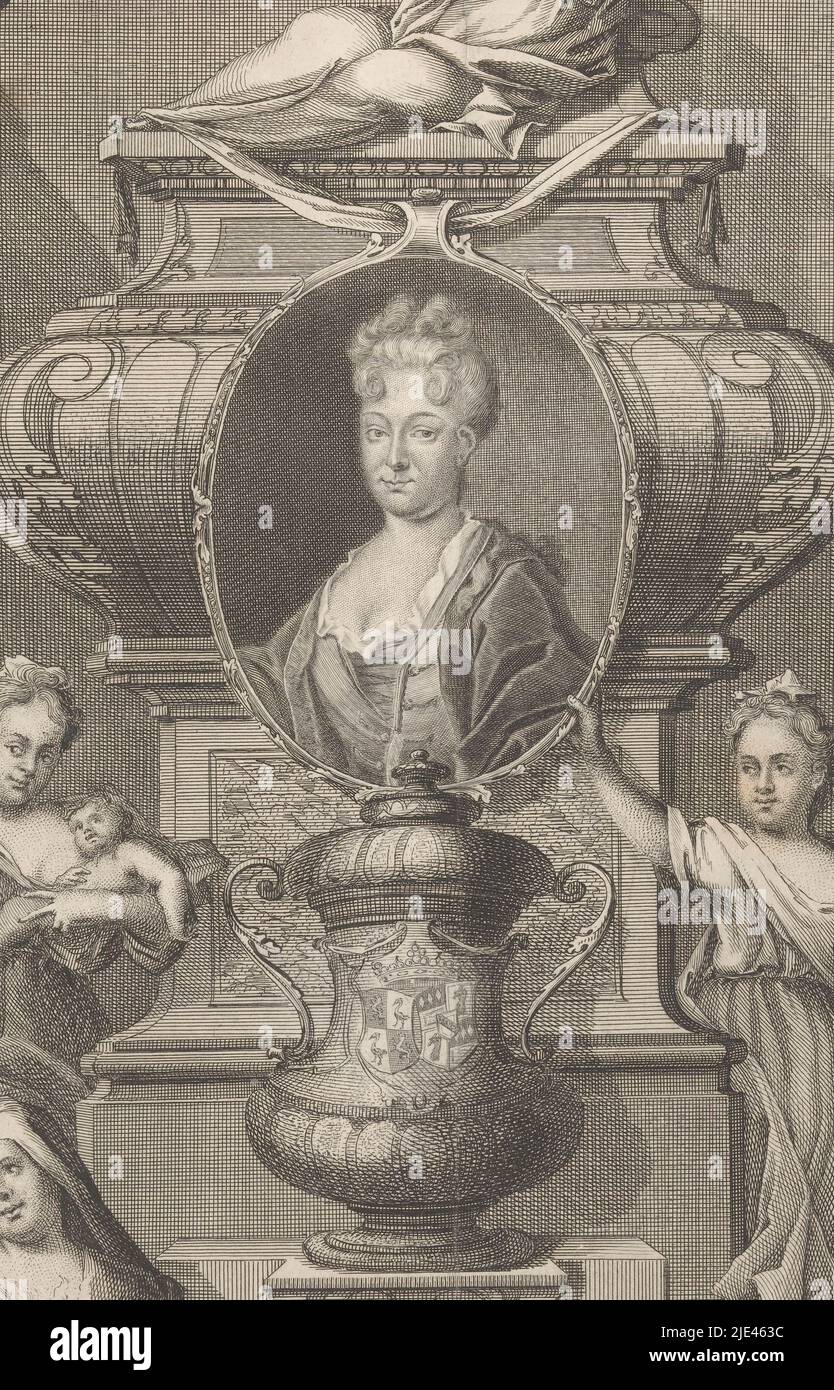 Porträt von Johanna Dorothea, Gräfin Reuß-Schleiz, Martin Bernigeroth, 1723 - 1767, allegorisches Porträt mit einem Grabdenkmal in der Mitte mit dem Porträt von Johanna Dorothea mit Caritas links und Hoffnung (Spes) rechts. Im Vordergrund eine Frau mit einem flammenden Herzen, einem Buch und einem Plenty-Horn., Druckerei: Martin Bernigeroth, (auf Objekt erwähnt), Martin Bernigeroth, (auf Objekt erwähnt), Leipzig, 1723 - 1767, Papier, Radierung, Gravur Stockfoto