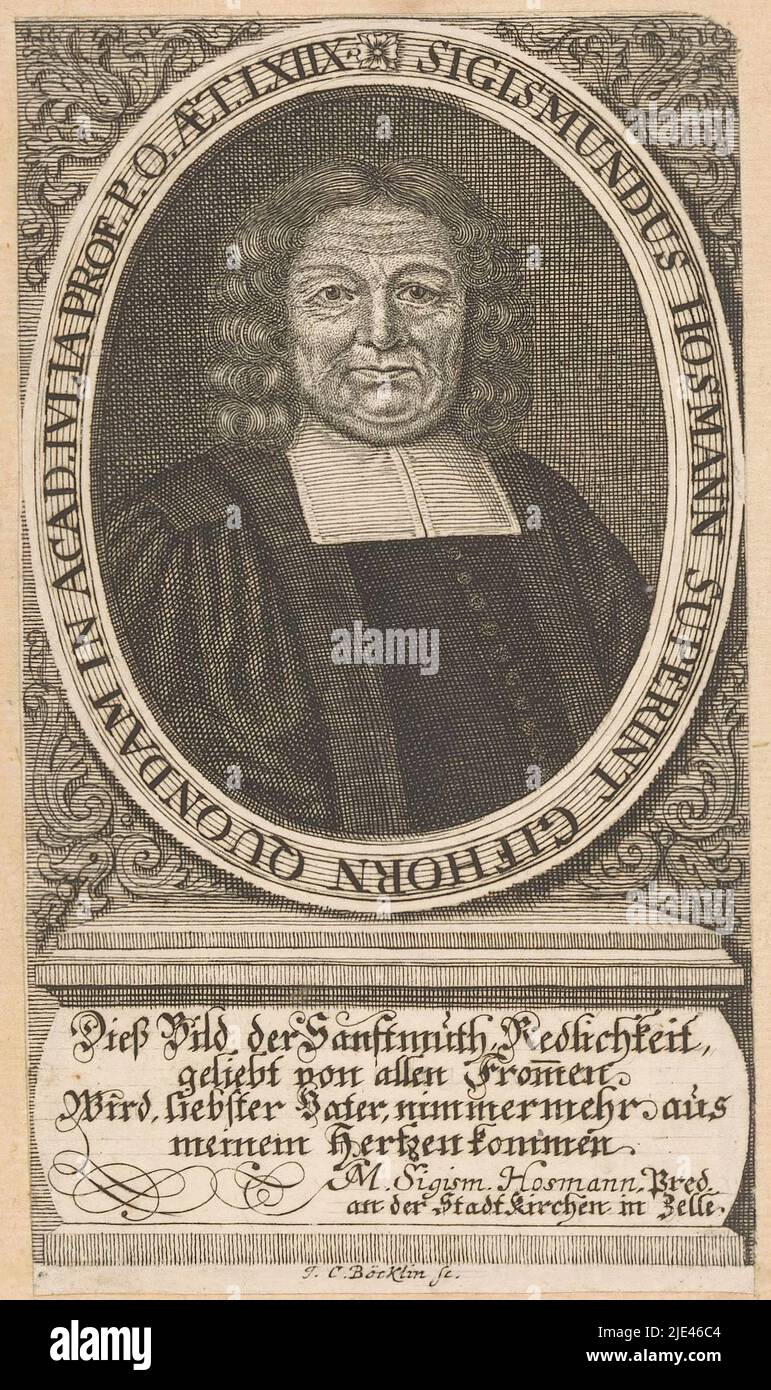 Porträt von Sigismund I. Hosemann, Johann Christoph Boecklin, 1698, Druckerei: Johann Christoph Boecklin, (auf Objekt erwähnt), Sigismund Hosemann (II), (auf Objekt erwähnt), Druckerei: Leipzig, Celle, 1698, Papier, Gravur, H 119 mm - B 68 mm Stockfoto