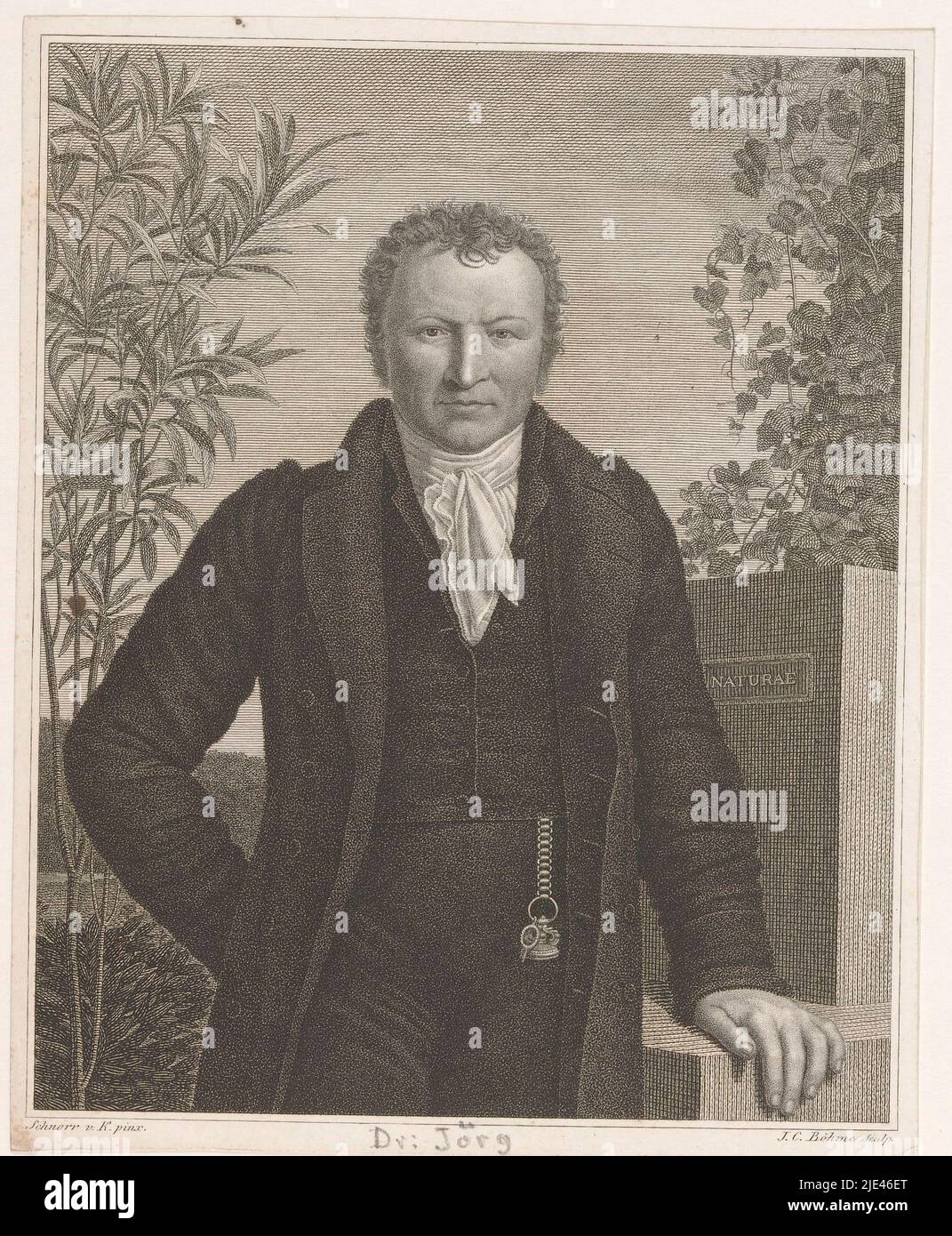Porträt von Johann Christian Gottfried Jörg, Johann Christiaan Böhme, nach Hans Veit Friedrich Schnorr von Carolsfeld, 1805 - 1835, Druckerei: Johann Christiaan Böhme, (auf Objekt erwähnt), nach: Hans Veit Friedrich Schnorr von Carolsfeld, (auf Objekt erwähnt), Leipzig, 1805 - 1835, Papier, Radierung, Gravur, H 174 mm - B 139 mm Stockfoto