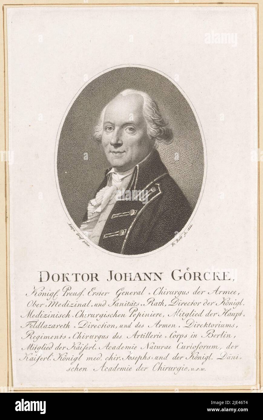 Porträt von Johann Goercke, Johann Friedrich Bolt, nach Anton Graff, 1805, Druckerei: Johann Friedrich Bolt, (auf Objekt erwähnt), Zwischenzeichner: Anton Graff, (auf Objekt erwähnt), Berlin, 1805, Papier, H 199 mm - B 128 mm Stockfoto