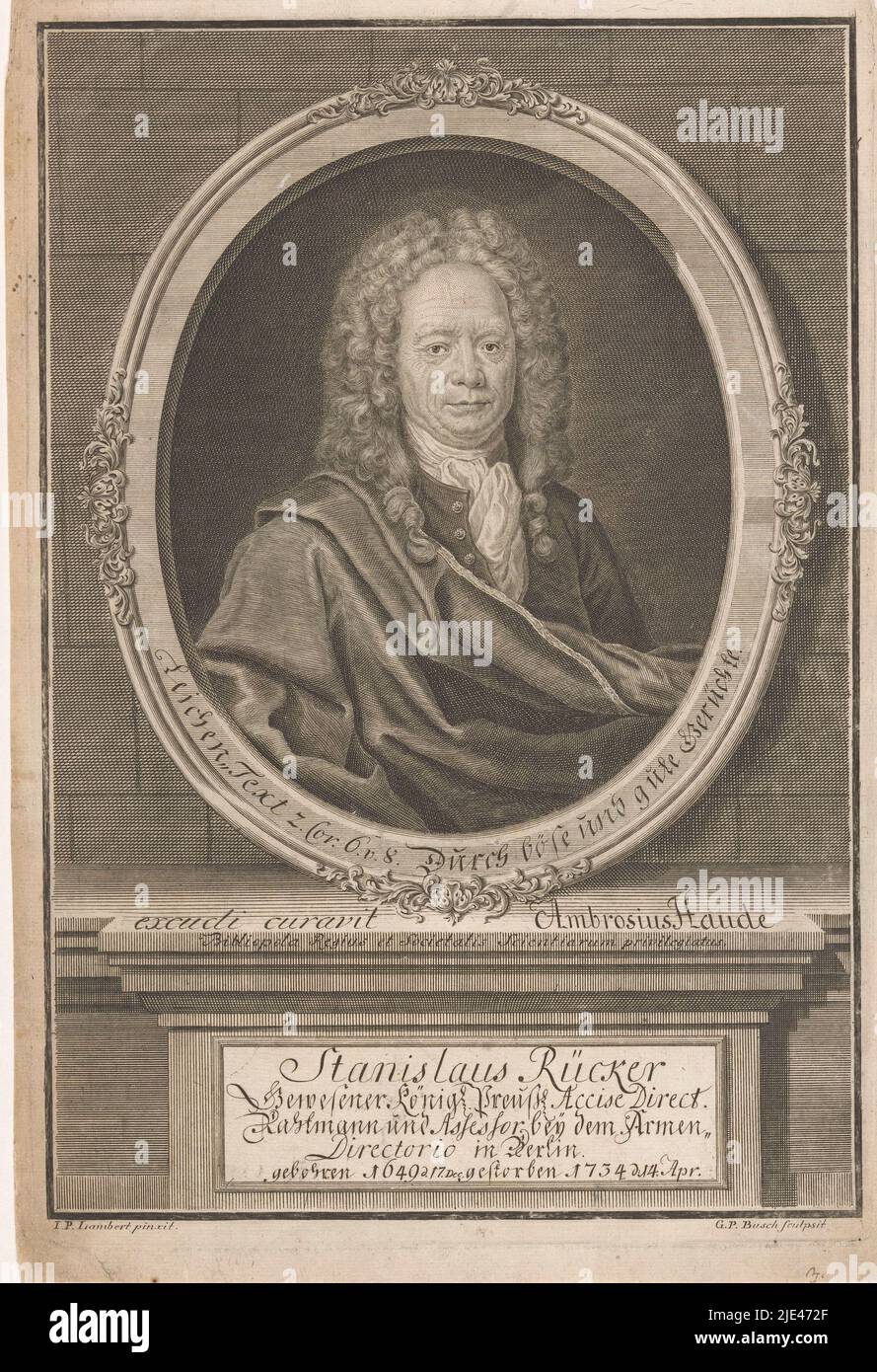 Porträt von Stanislaus Rücker, Georg Paul Busch, nach J.P. Lambert, 1734 - 1756, Druckerei: Georg Paul Busch, (auf Objekt erwähnt), nach: J.P. Lambert, (erwähnt auf Objekt), Berlin, 1734 - 1756, Papier, Gravur, H 294 mm × B 199 mm Stockfoto