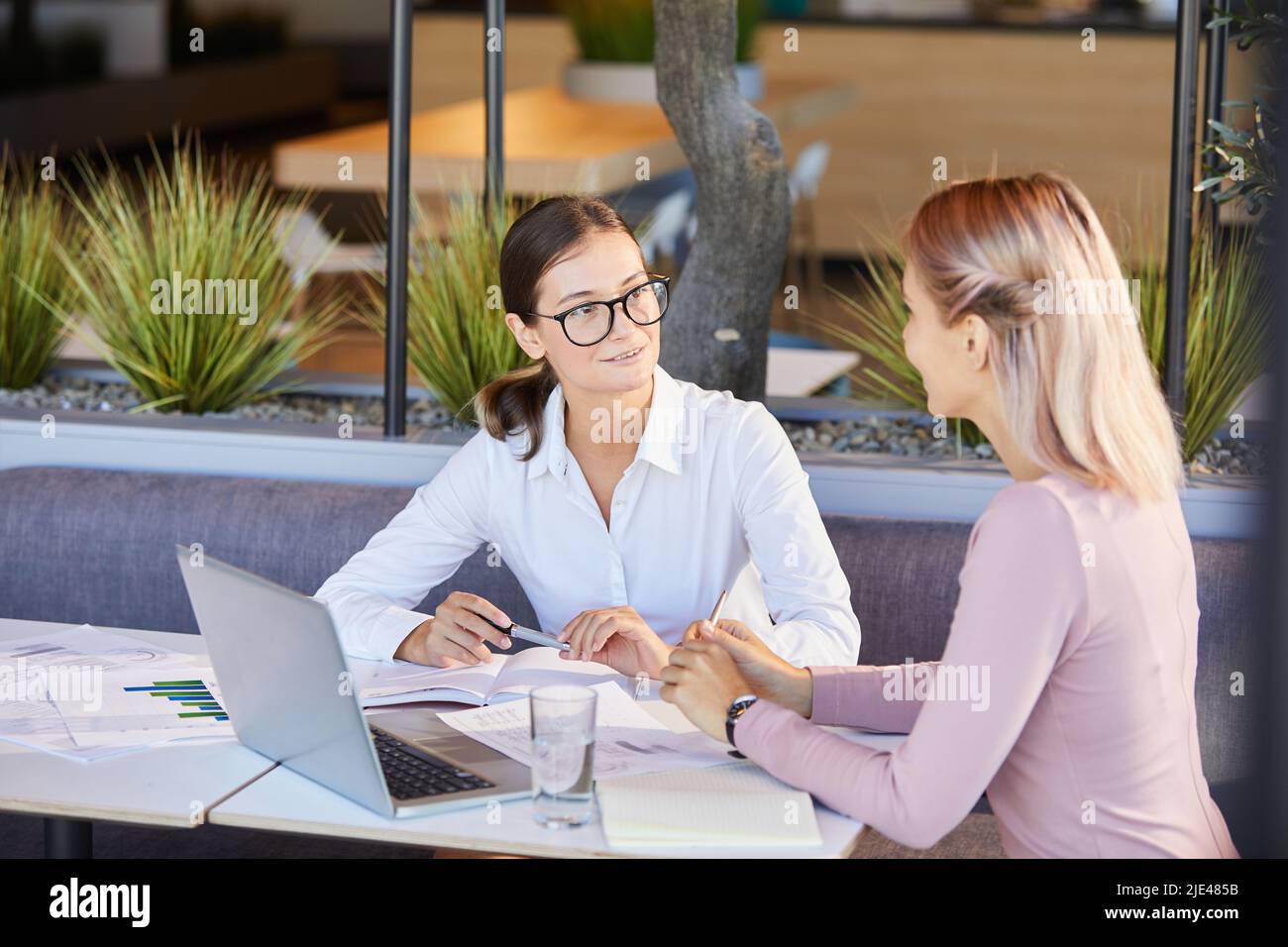Positive, attraktive junge Geschäftsfrauen, die im Öko-Restaurant sitzen und analytische Daten betrachten, während sie über die Projektumsetzung Brainstorming Stockfoto
