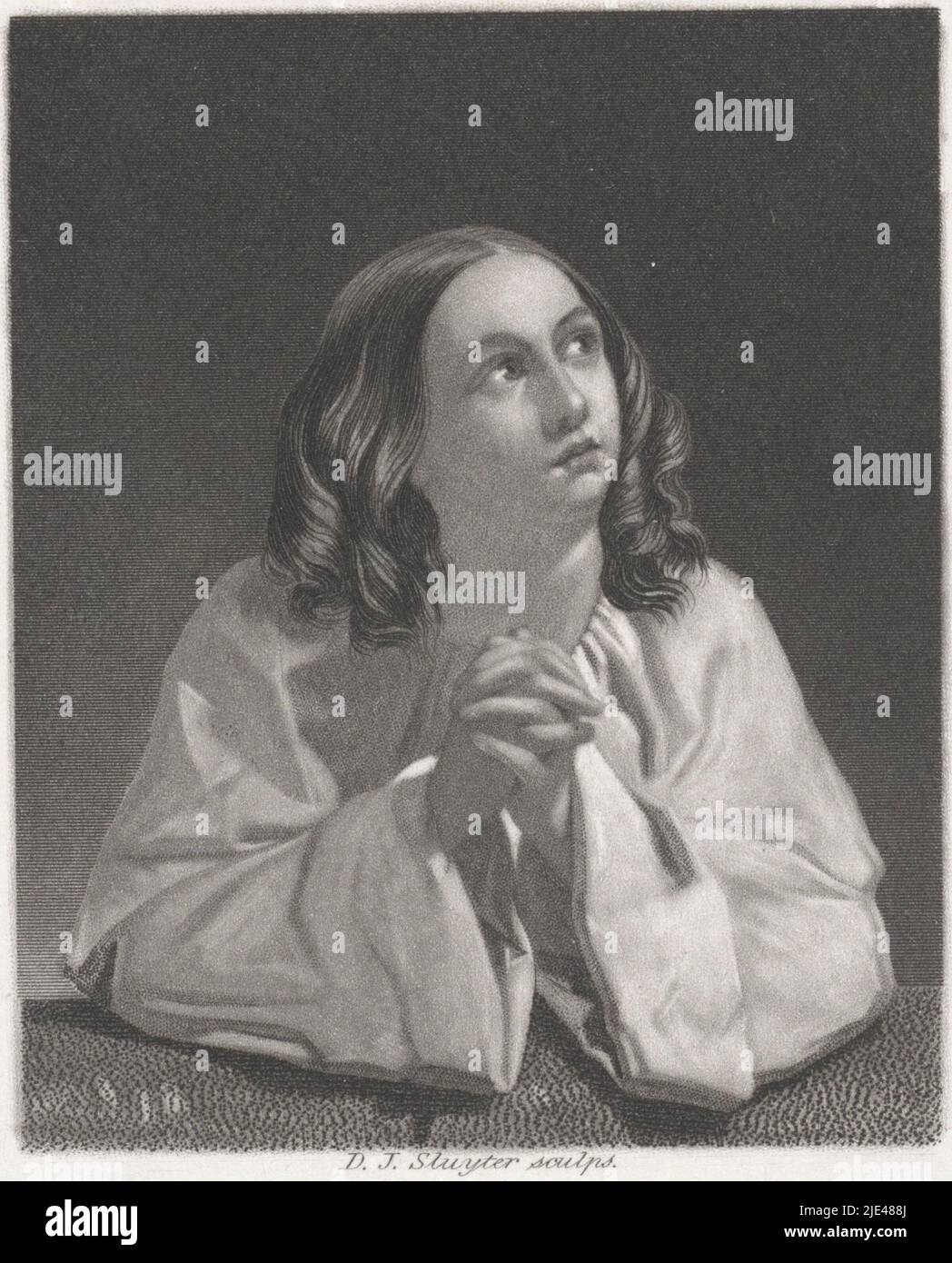 Betende junge Frau, Dirk Jurriaan Sluyter, 1826 - 1886, Druckerei: Dirk Jurriaan Sluyter, (erwähnt auf Objekt), Amsterdam, 1826 - 1886, Papier, Ätzung, H 145 mm × B 118 mm Stockfoto