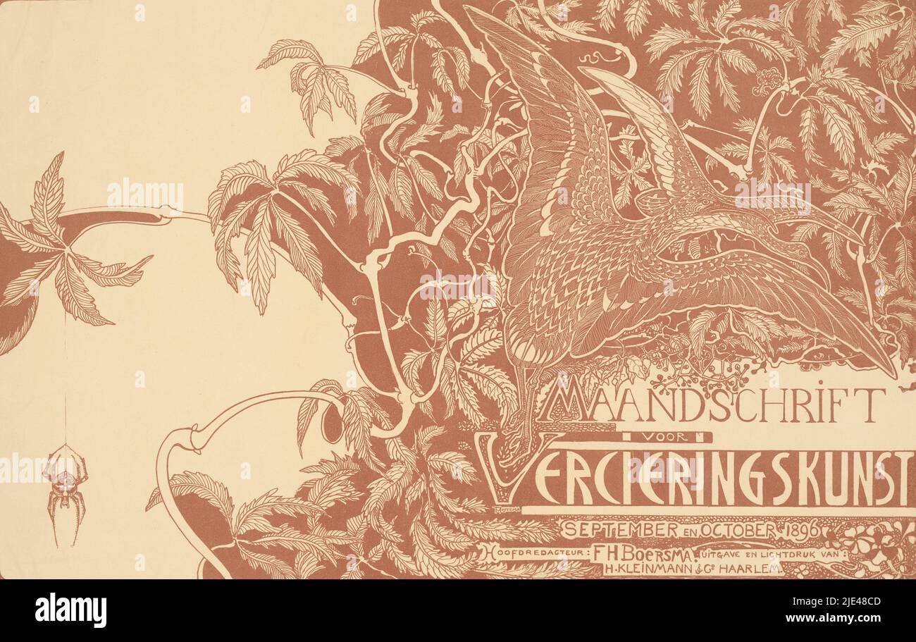 Zeitschriftencover mit zwei Curlews, Theo van Hoytema, 1896, Cover von 'Maandschrift voor Vercieringskunst'. Über dem Text rechts, zwei Wellen im Flug zwischen den Blättern. Links hängt eine Spinne an einem Ast., Druckerei: Theo van Hoytema, (signiert vom Künstler), Verlag: H. Kleinmann & Co, (erwähnt auf Objekt), 1896, Papier, H 362 mm × B 544 mm Stockfoto