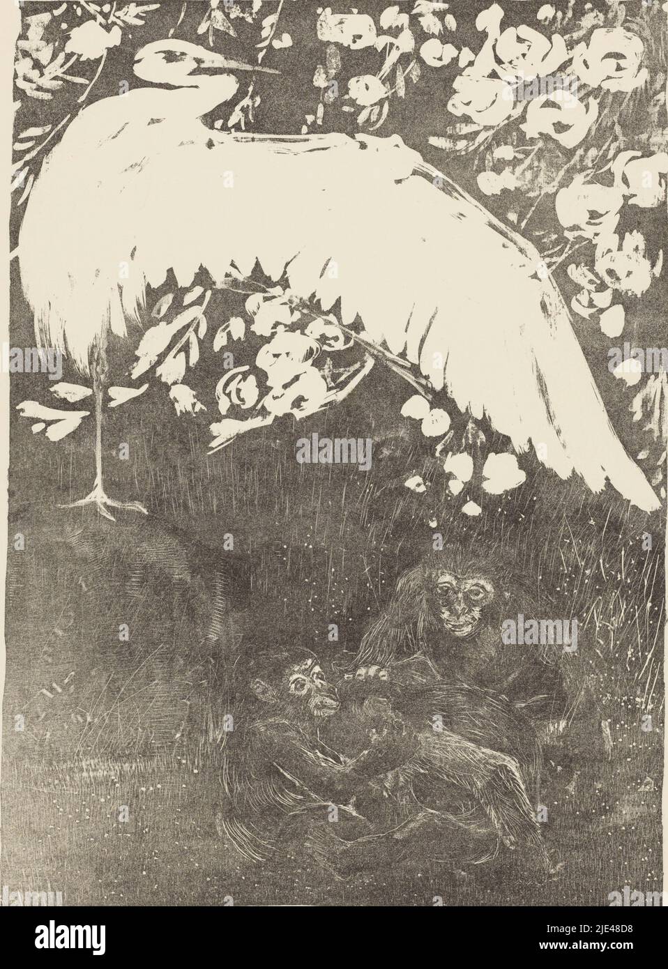 Reiher mit drei Affen, Theo van Hoytema, 1905, Reiher mit ausgestrecktem Flügel, unter dem drei Affen spielen., Druckerei: Theo van Hoytema, London, 1905, Papier, H 424 mm × B 295 mm Stockfoto