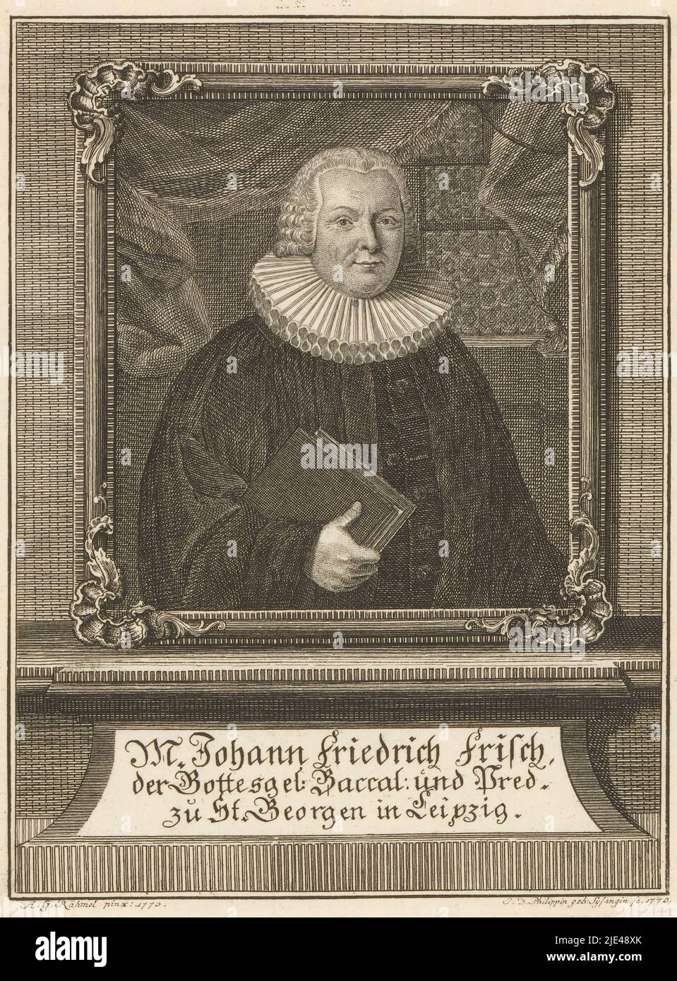 Porträt von Johann Friedrich frisch, Johanna Dorothea Sysang, nach Achatius Gottlieb Rähmel, 1770, Druckerei: Johanna Dorothea Sysang, (auf Objekt erwähnt), nach: Achatius Gottlieb Rähmel, (auf Objekt erwähnt), 1770, Papier, Gravur, H 192 mm - B 145 mm Stockfoto