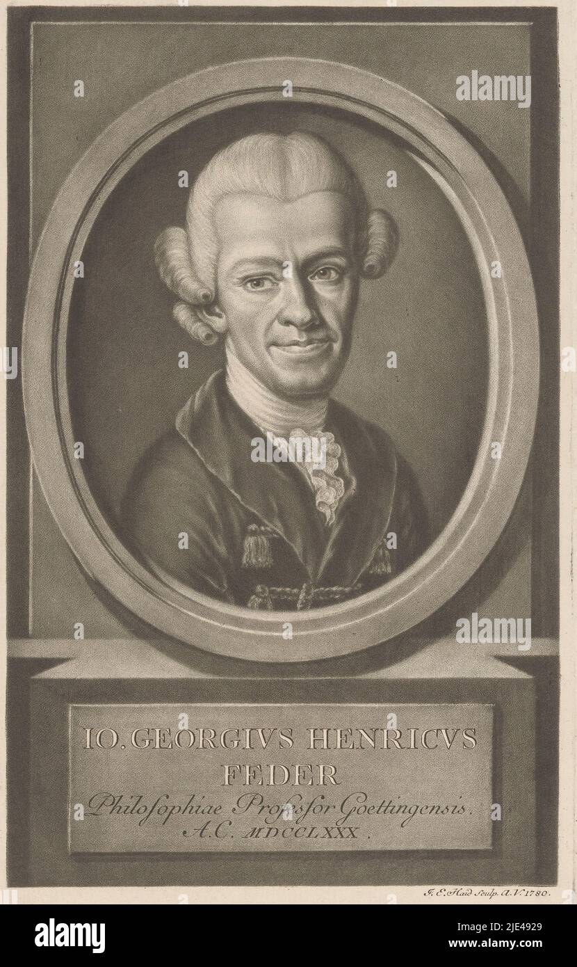 Porträt von Johann Georg Heinrich Feder, Johann Elias Haid, 1780, Druckerei: Johann Elias Haid, (auf Objekt erwähnt), Augsburg, 1780, Papier, H 222 mm - B 139 mm Stockfoto