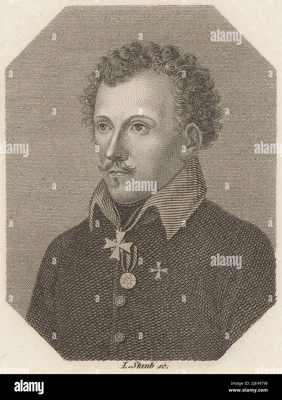 Porträt von Friedrich de la Motte Fouqué, Leonhard Staub, 1818 - 1826, Druckerei: Leonhard Staub, (auf Objekt erwähnt), Verlag: gebroeders Schumann, (auf Objekt erwähnt), Zwickau, 1818 - 1826, Papier, Gravur, Radierung, H 176 mm - B 110 mm Stockfoto