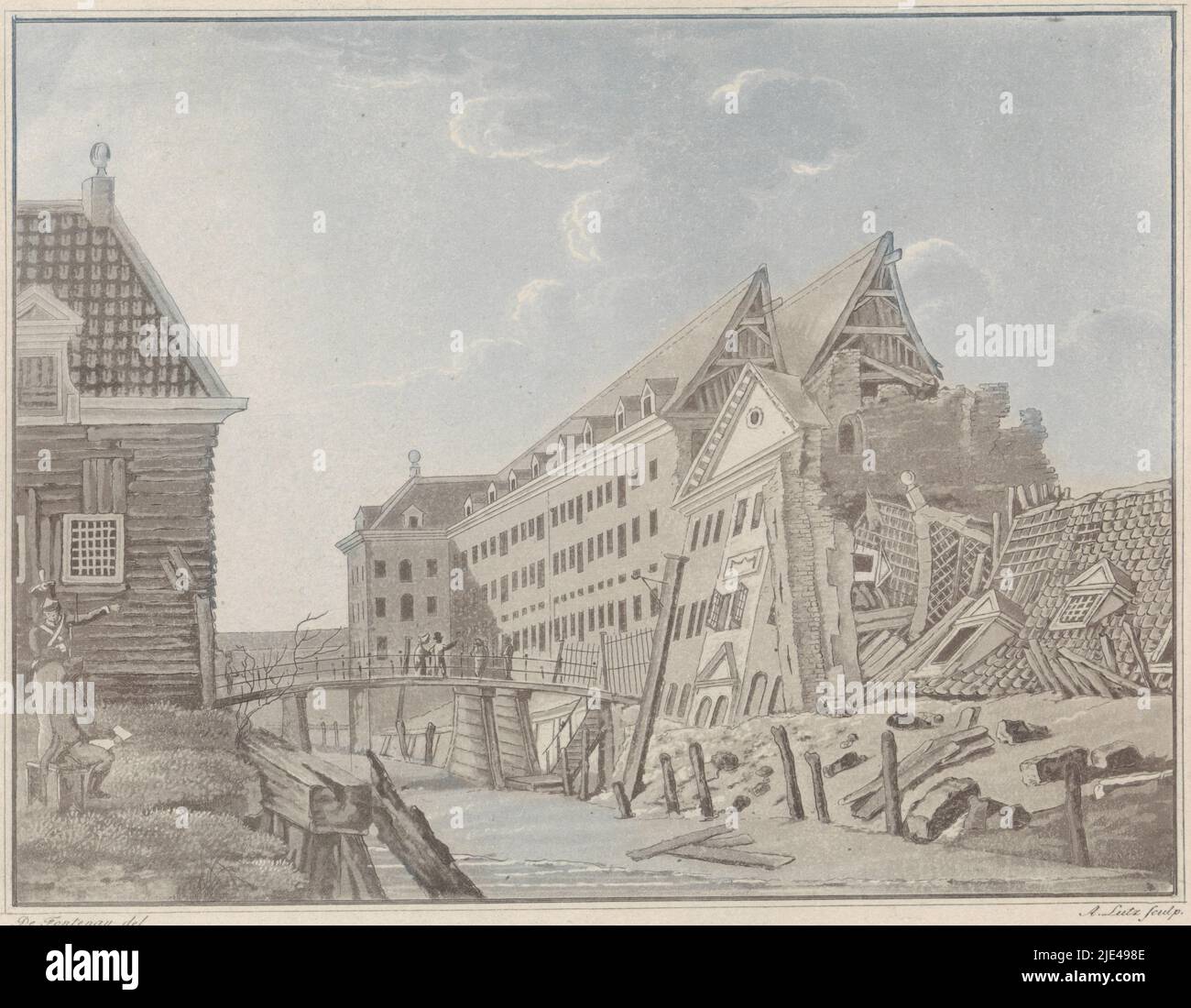 Ansicht des eingestürzten Ostindien-Lagerhauses in Amsterdam, 1822, A. Lutz, nach Louis Henri de Fontenay, 1825, des Ostindien-Lagerhauses in Oostenburg in Amsterdam, nach dessen Zusammenbruch am 14. April 1822. In nordwestlicher Richtung gesehen., Druckerei: A. Lutz, (auf Objekt erwähnt), Zeichner: Louis Henri de Fontenay, (auf Objekt erwähnt), Verlag: Frans Buffa en Zonen, (auf Objekt erwähnt), Druckerei: Den Haag, Verlag: Amsterdam, 1825, Papier, Radierung, Bürste, H 195 mm × B 225 mm Stockfoto