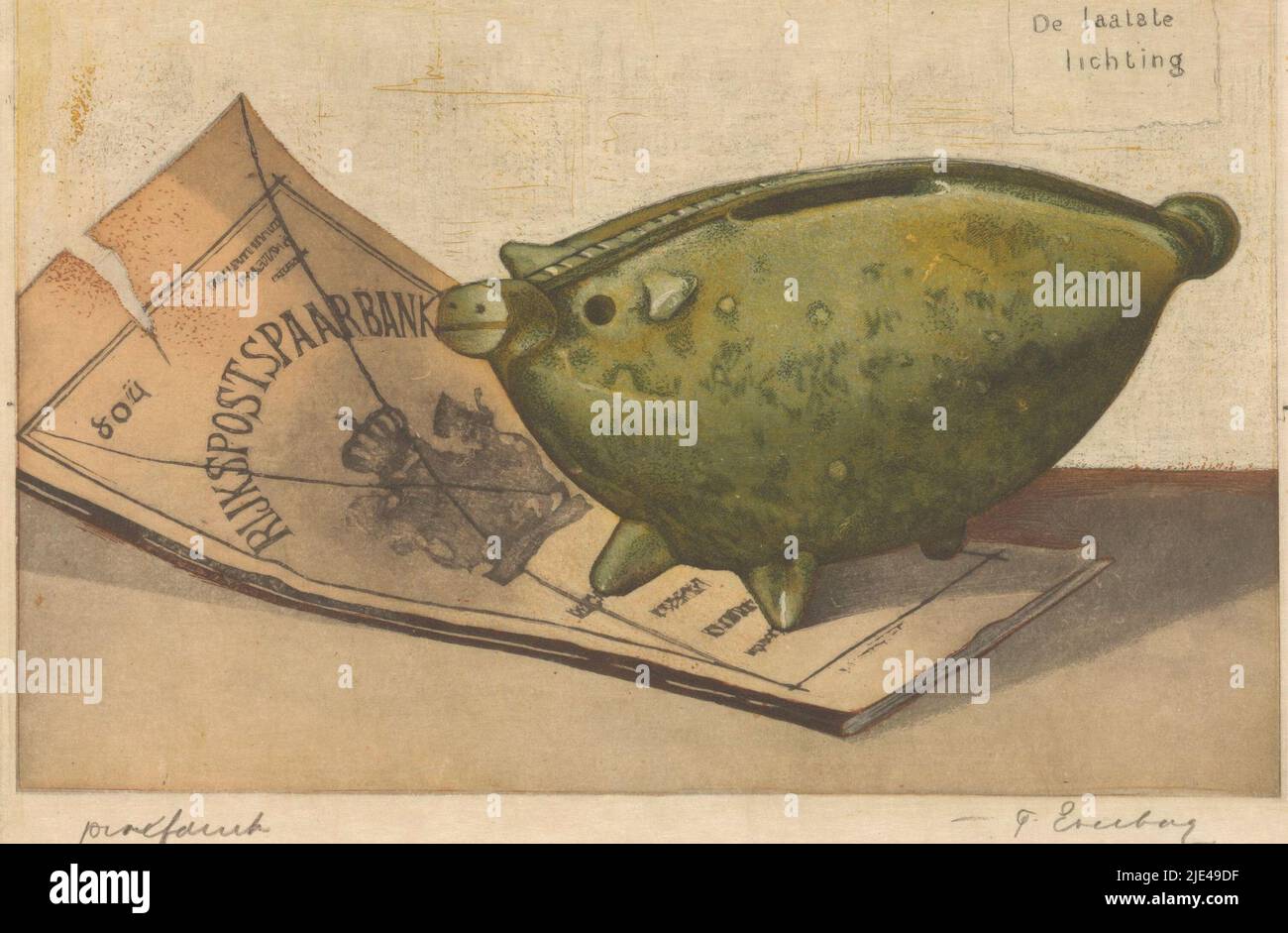 Die letzte Partie, Frans Everbag, 1915, Ein Sparschwein in Form eines Schweins, das auf Papieren der Rijkspostspaarbank steht. Das Logo der Bank ist durchgestrichen., Druckerei: Frans Everbag, (vom Künstler signiert), 1915, Papier, Radierung, H 139 mm × B 176 mm Stockfoto