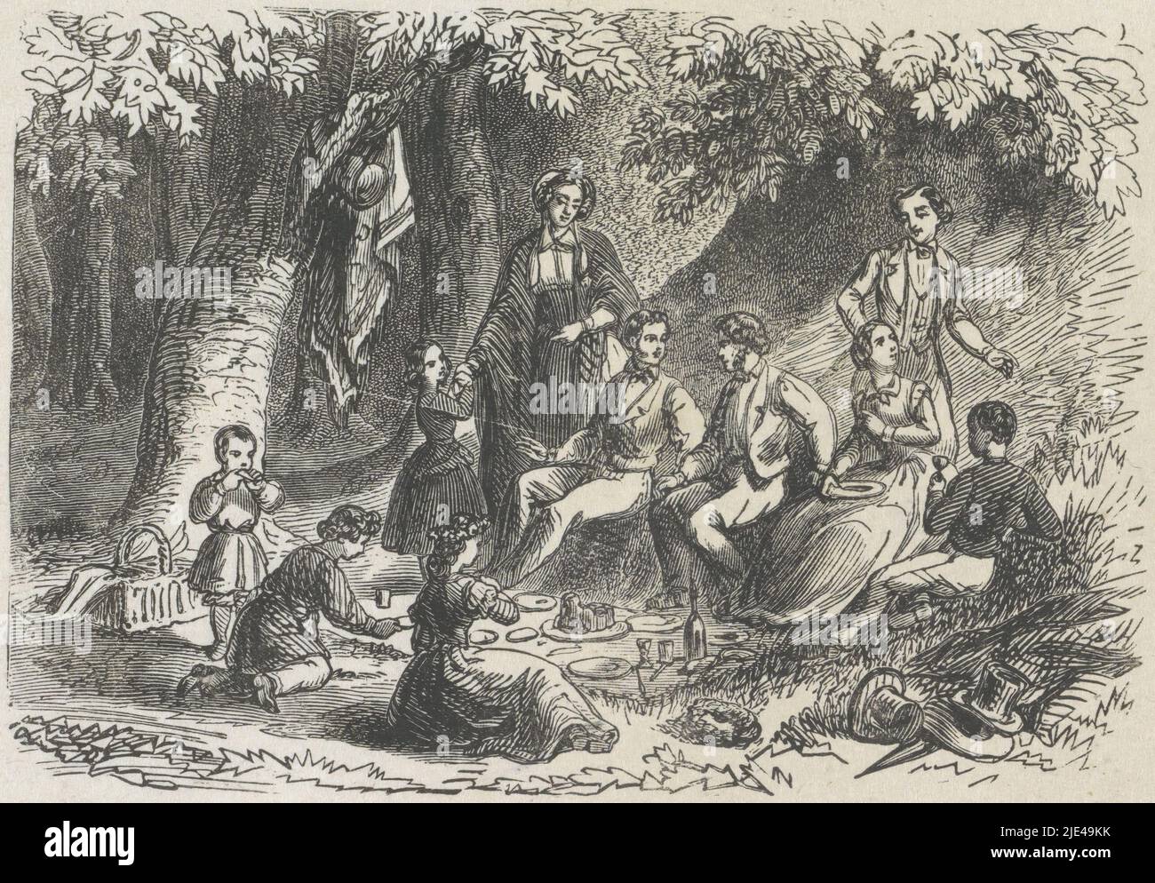 Picknick im Wald, Rombertus Julianus van Arum, 1822 - 1883, Druckerei: Rombertus Julianus van Arum, Amsterdam, 1822 - 1883, Papier, B 120 mm - B 146 mm Stockfoto