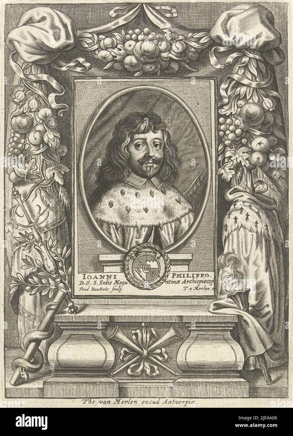 Porträt von Johann Philipp von Schönborn, Frederick Bouttats (I), 1647 - 1676, Porträt im ovalen Rahmen von Johann Philipp von Schönborn, Erzbischof von Mainz, Bischof oder Würzburg und Bischof von Worms. Büste nach rechts. Johann Philipp von Schönborn trägt einen Bergwerksmantel. Der Druck hat eine lateinische Beschriftung mit dem Namen der dargestellten Person., Druckerei: Frederik Bouttats (I), (auf Objekt erwähnt), Verlag: Theodor van Merlen (II), (auf Objekt erwähnt), Antwerpen, 1647 - 1676, Papier, Gravur, H 165 mm × B 117 mm × H 87 mm × B 56 mm Stockfoto