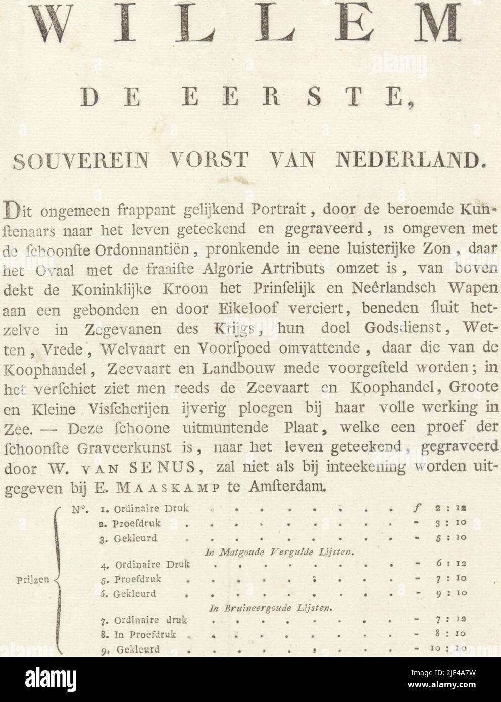 Abonnementliste zum Porträt von Willem I. Frederik (König der Niederlande), Evert Maaskamp, 1814 - 1843, Verlag: Evert Maaskamp, (Objekterwähnt), 1814 - 1843, Papier, Buchdruck, H 333 mm × B 220 mm Stockfoto