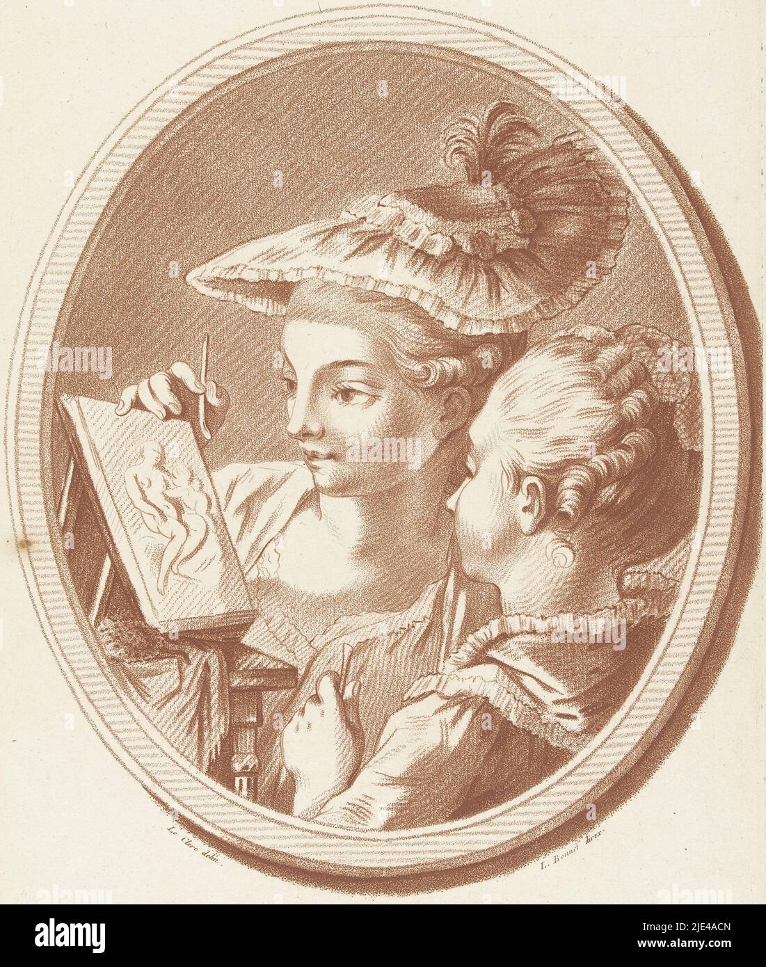 Die Bildhauerklasse, Louis Marin Bonnet, nach Pierre Thomas Le Clerc, 1757 - 1793, zwei Frauen machen nach einer Reliefskulptur einer Frau mit Kind. Ein ovaler Rahmen., Druckerei: Louis Marin Bonnet, (auf Objekt erwähnt), Zeichner: Pierre Thomas Le Clerc, (auf Objekt erwähnt), Verlag: Louis Marin Bonnet, (auf Objekt erwähnt), Paris, 1757 - 1793, Papier, H 322 mm × B 236 mm Stockfoto