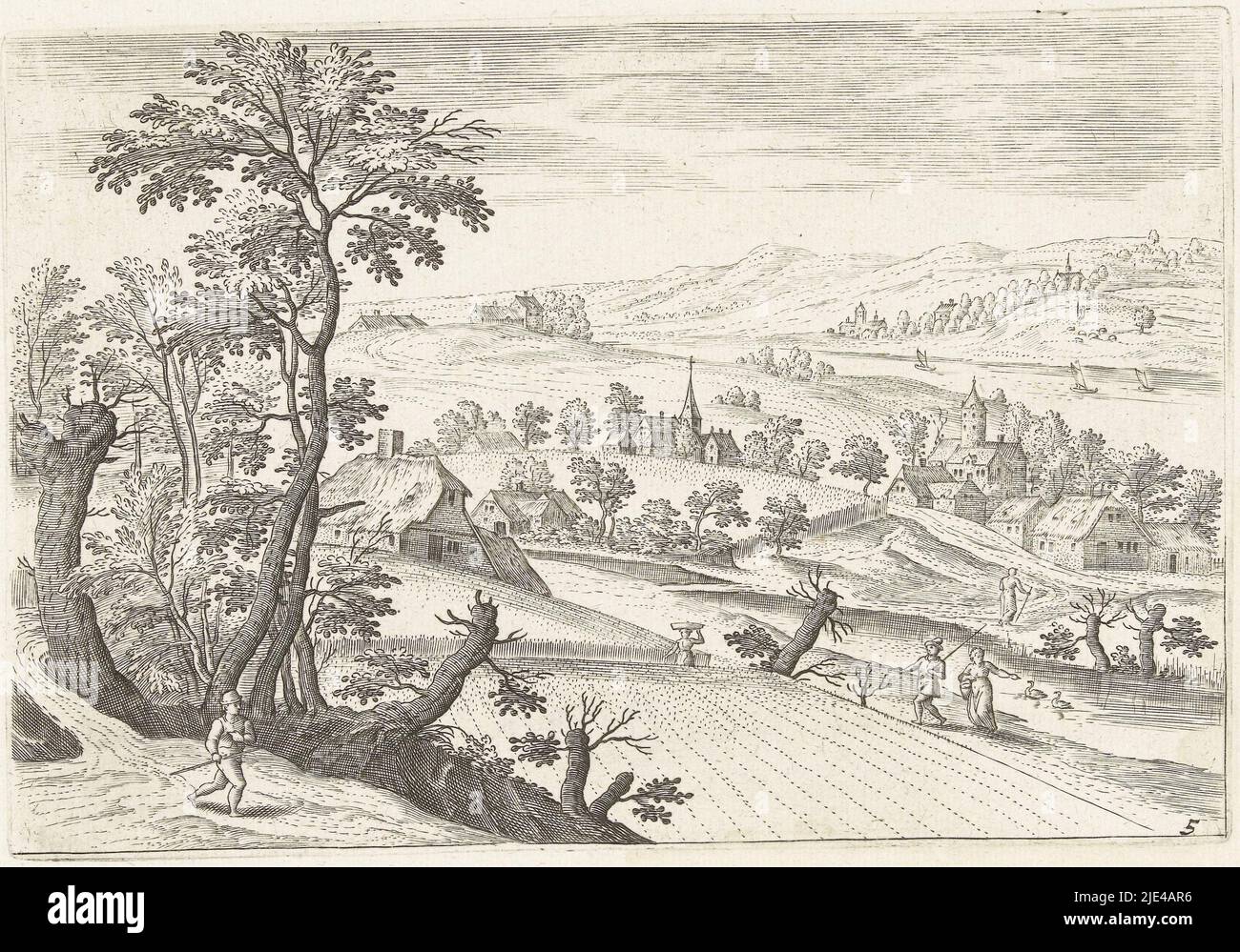 Landschaft mit Kornfeld, Adriaen Collaert, nach Jacob Grimmer, 1578 - 1618, Landschaft ein Kornfeld und ein Bauernhof. In der Ferne ein Dorf. Der Druck ist Teil einer zwölfteiligen Serie mit Landschaften rund um Antwerpen., Druckerei: Adriaen Collaert, Jacob Grimmer, Verlag: Claes Jansz. Visscher (II), Druckerei: Antwerpen, Antwerpen, Verlag: Amsterdam, 1578 - 1618, Papier, Gravur, H 126 mm × B 184 mm Stockfoto