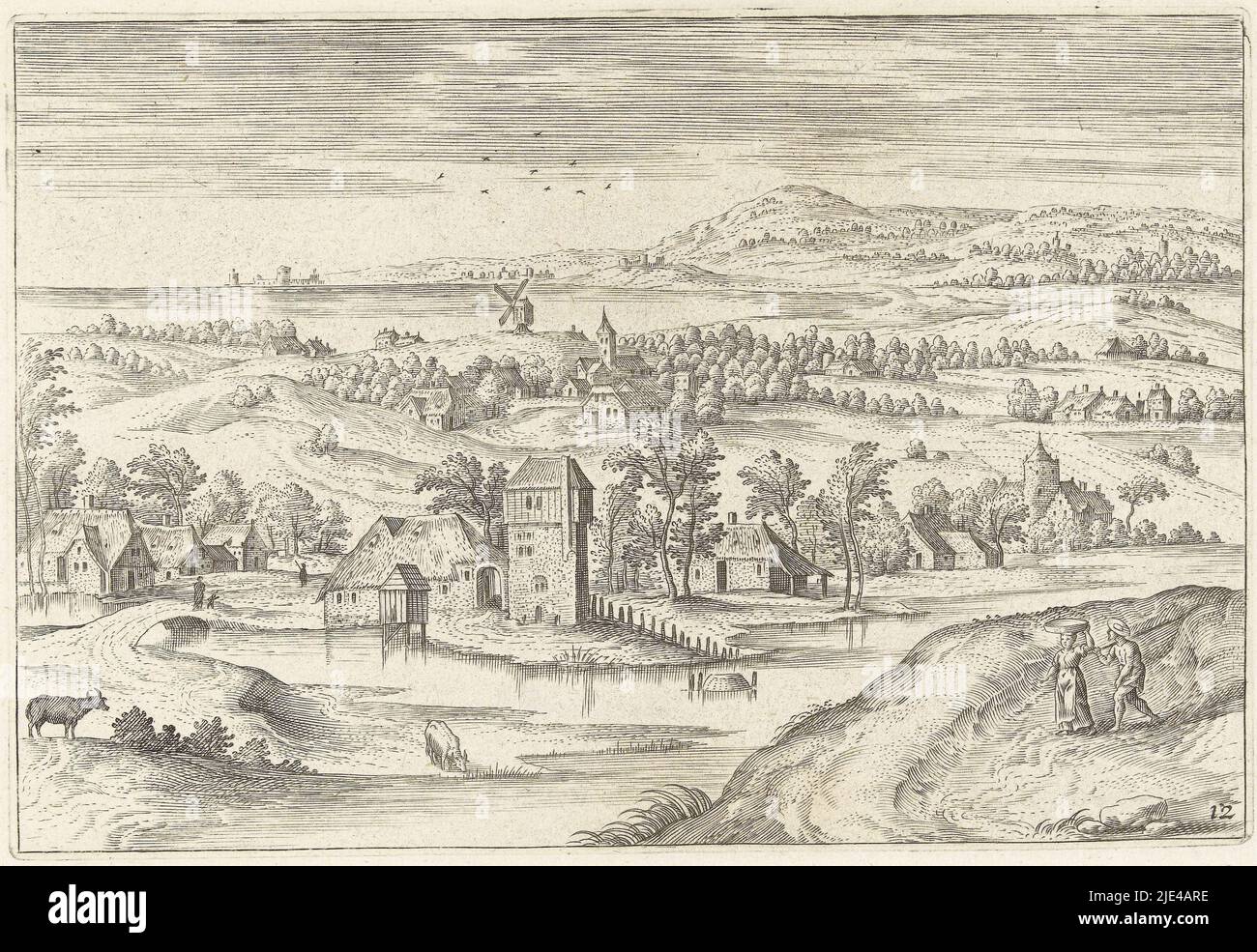 Landschaft mit Gehöft, Adriaen Collaert, nach Jacob Grimmer, 1578 - 1618, Landschaft mit zwei Wanderern, die auf einem Pfad neben einem Fluss wandern. Im Hintergrund ein Dorf mit einem Bauernhaus. Der Druck ist Teil einer zwölfteiligen Serie mit Landschaften rund um Antwerpen., Druckerei: Adriaen Collaert, Jacob Grimmer, Verlag: Claes Jansz. Visscher (II), Druckerei: Antwerpen, Antwerpen, Verlag: Amsterdam, 1578 - 1618, Papier, Gravur, H 126 mm × B 186 mm Stockfoto