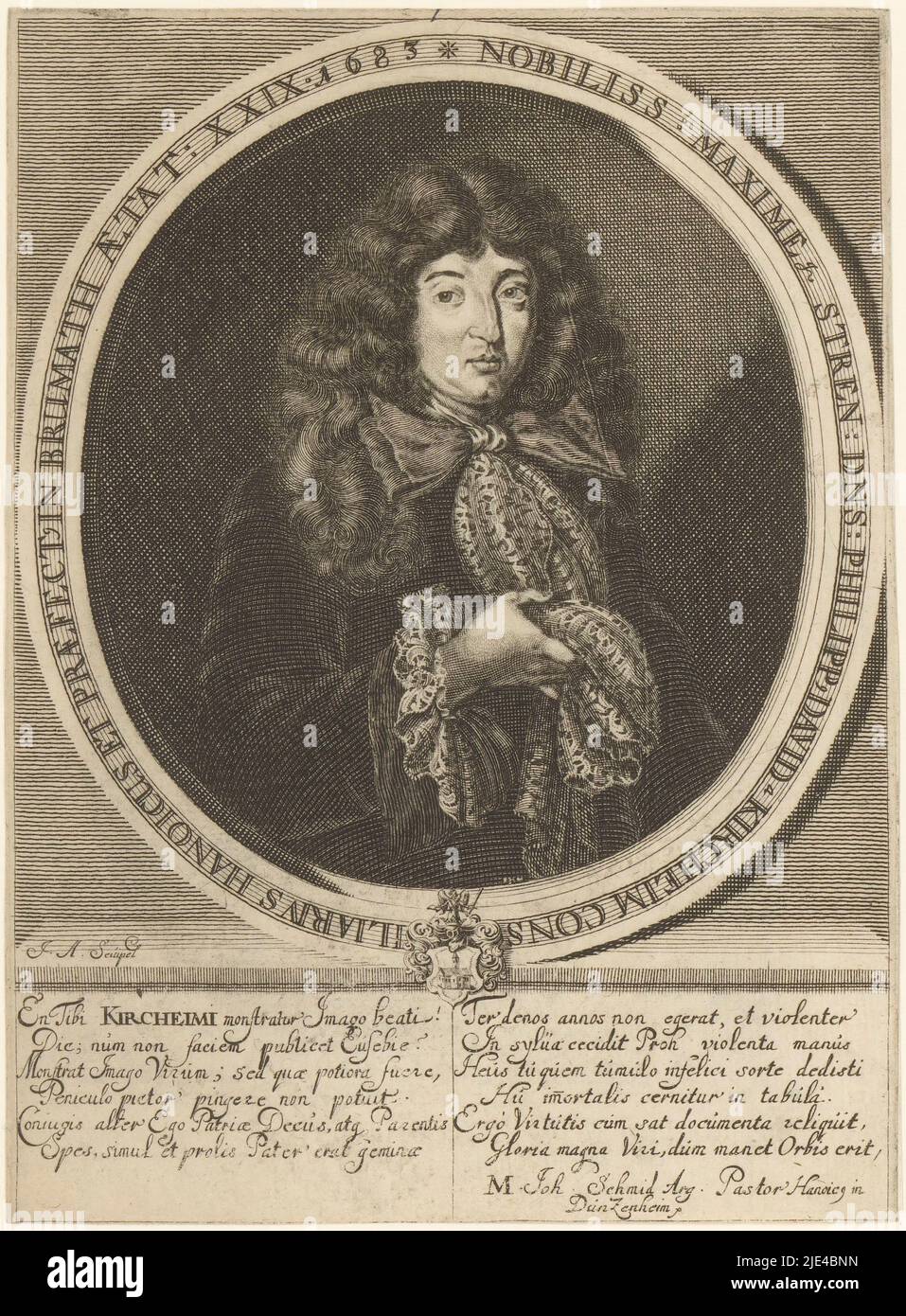 Porträt von Philipp David von Kircheim, Johann Adam Seupel, 1683 - 1717, Druckerei: Johann Adam Seupel, (auf Objekt erwähnt), Joh. Schmid, (auf Objekt erwähnt), 1683 - 1717, Papier, Gravur, H 199 mm - B 147 mm Stockfoto