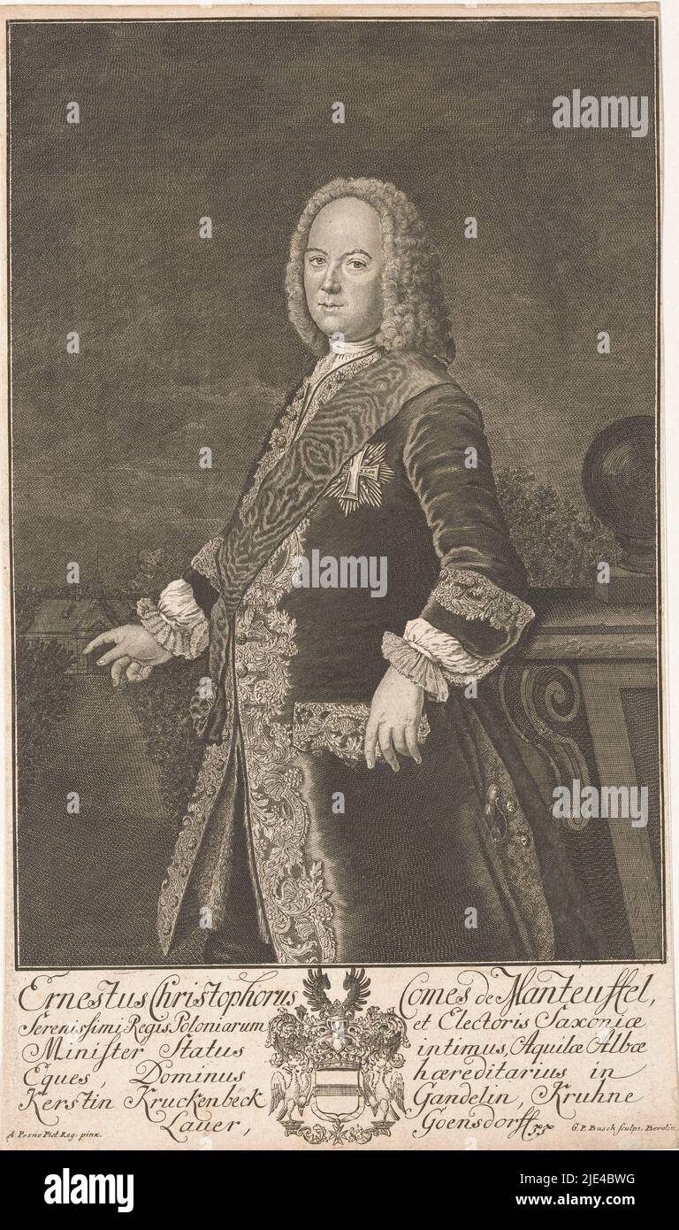 Porträt von Ernst Christoph, Reichsgraf von Manteuffel, Georg Paul Busch, nach Antoine Pesne, 1719 - 1756, Druckerei: Georg Paul Busch, (auf Objekt erwähnt), nach: Antoine Pesne, (auf Objekt erwähnt), Berlin, 1719 - 1756, Papier, Radierung, Gravur, H 321 mm × B 190 mm Stockfoto