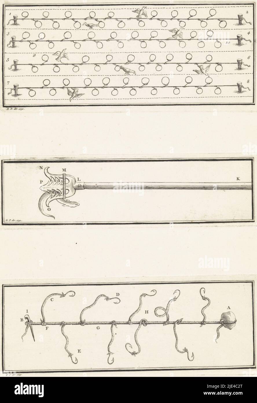 Werkzeuge zum Fang von Vögeln und Fischen, Bernard Picart (Werkstatt von), 1730, drei Darstellungen auf einem Blatt. Oben: Mehrere Linien mit Fallen für den Fang von Vögeln angelegt. Mitte: Ein Gerät mit einem Fisch als Köder. Unten: Seil mit Haken zum Fischen., Druckerei: Bernard Picart, (Werkstatt von), Bernard Picart, (auf Objekt erwähnt), Amsterdam, 1730, Papier, Radierung, H 378 mm × B 252 mm Stockfoto