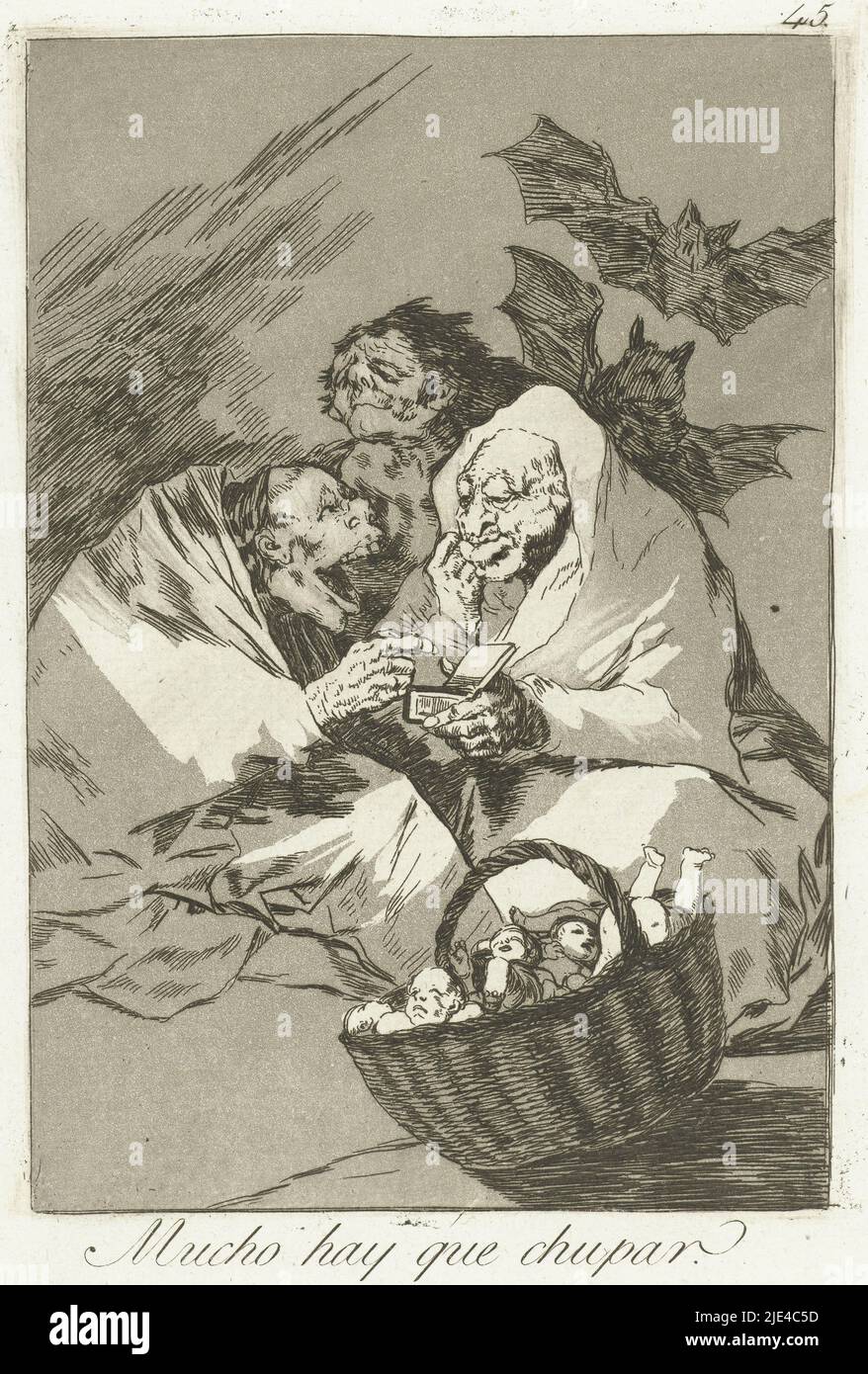 Es gibt viel zu saugen, Francisco de Goya, 1797 - 1799, drei Hexen oder monströse Figuren, einer hat eine Kiste in der Hand. Von hinten nähern sich zwei Fledermäuse; im Vordergrund ist ein Korb mit Babys gefüllt. 45. Druck in der Serie Los Caprichos., Druckerei: Francisco de Goya, Francisco de Goya, Spanien, 1797 - 1799, Papier, Ätzung, H 205 mm × B 150 mm Stockfoto