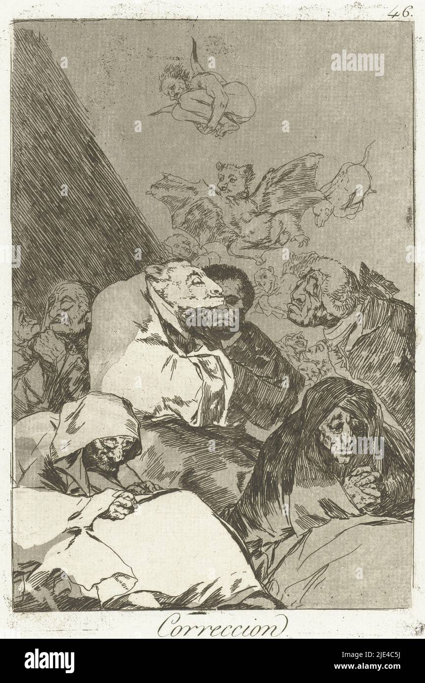 Korrektur, Francisco de Goya, 1797 - 1799, Eine Figur mit einem Tiergesicht, gekleidet in eine Pfeife, umgeben von einer Reihe alter Männer. Am Himmel eine Reihe von teufelähnlichen Kreaturen. 46. Druck in der Serie Los Caprichos., Druckerei: Francisco de Goya, Francisco de Goya, Spanien, 1797 - 1799, Papier, Ätzung, H 215 mm × B 148 mm Stockfoto